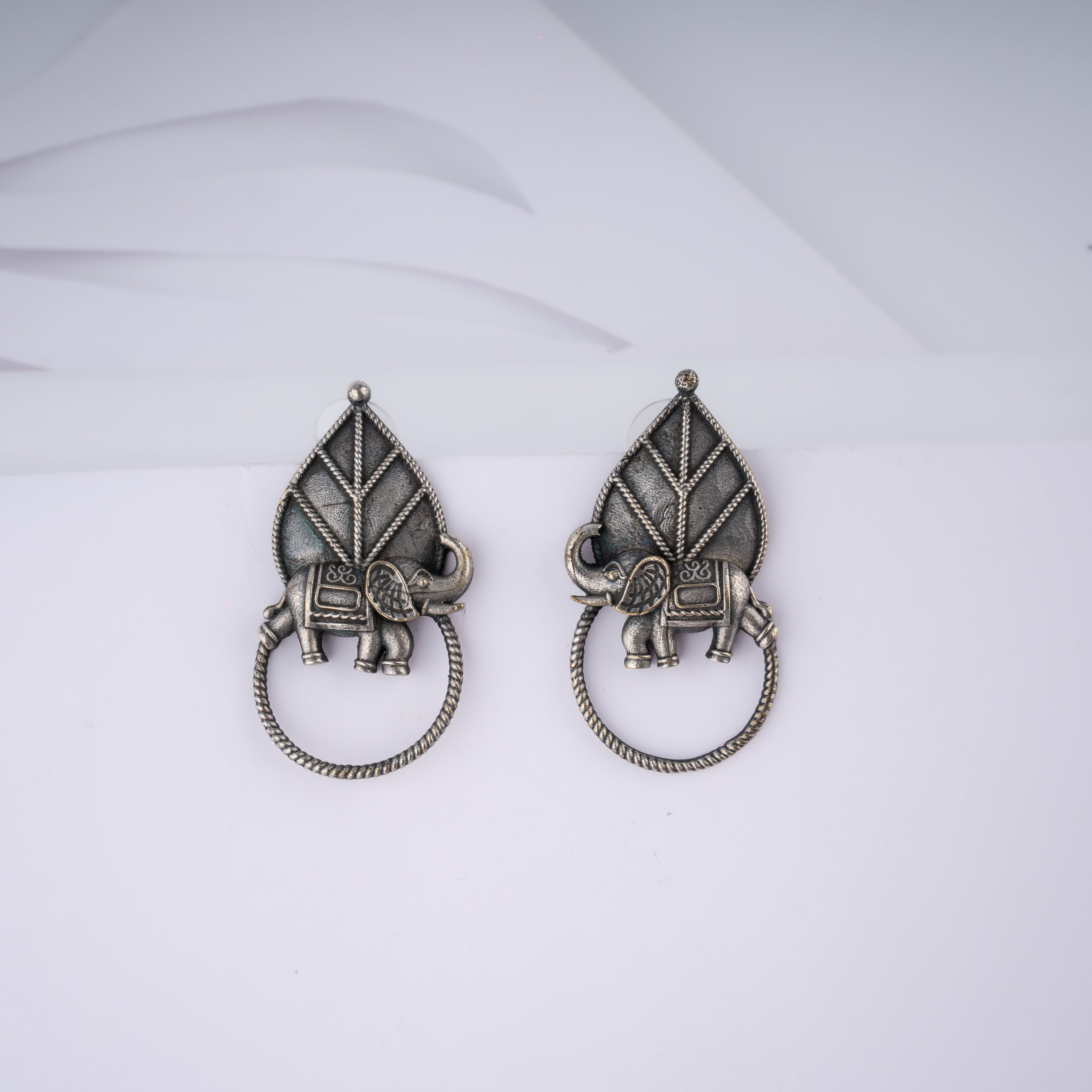 Oxidised Silver Royal Elephant Peepal Leaf Stud Statement Earrings