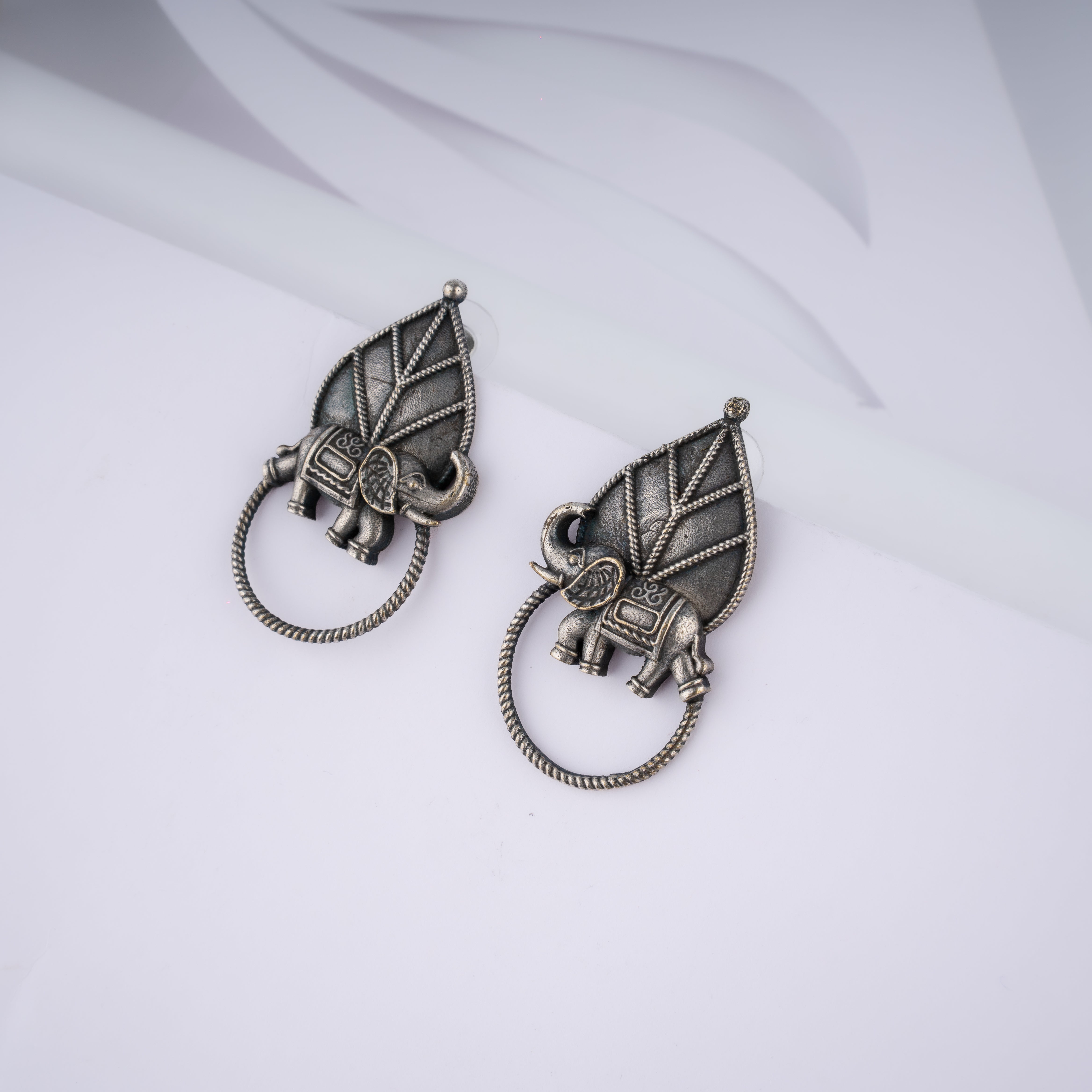 Oxidised Silver Royal Elephant Peepal Leaf Stud Statement Earrings