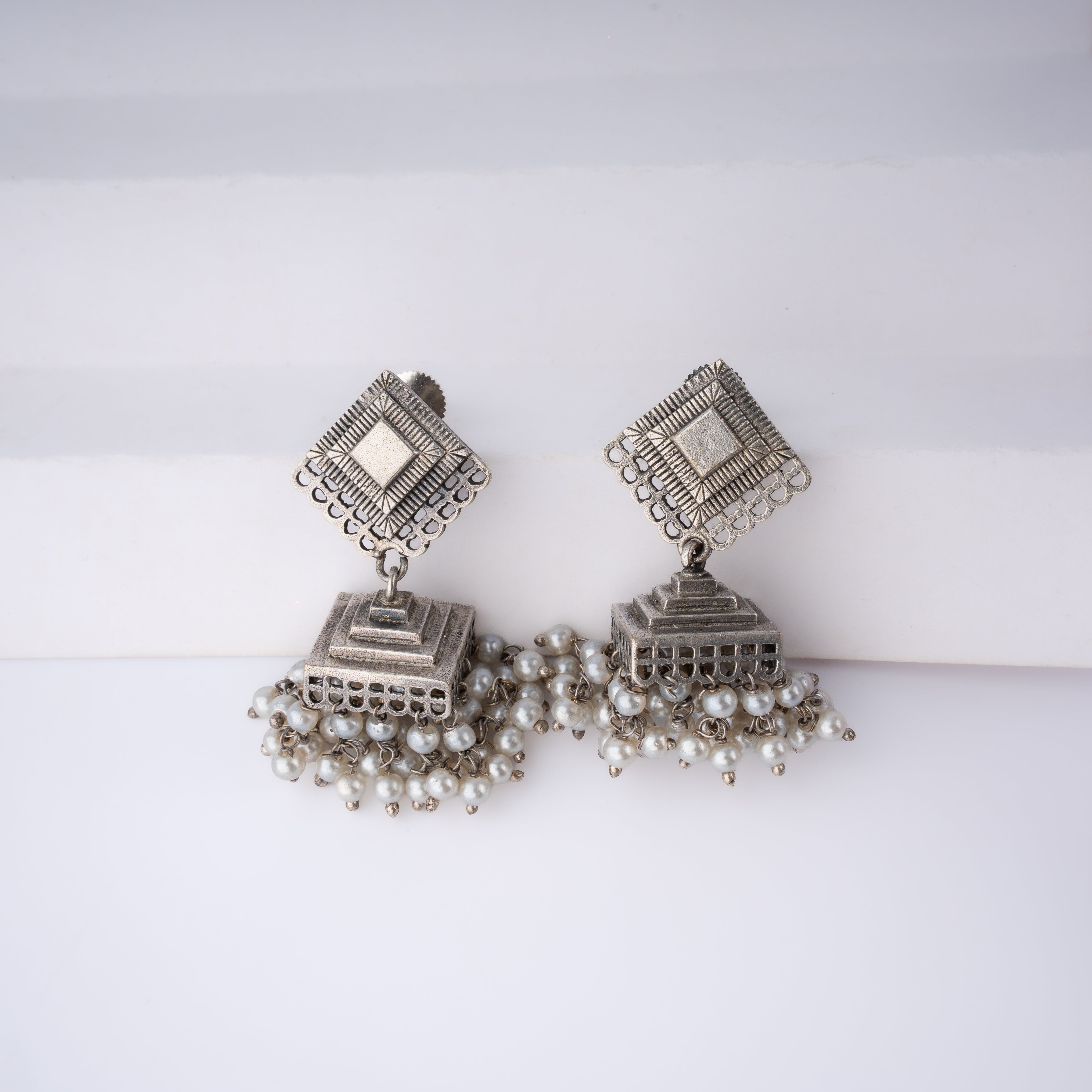 Oxidised Silver Geometric Pyramid Square Pearl Jhumka Statement Earrings