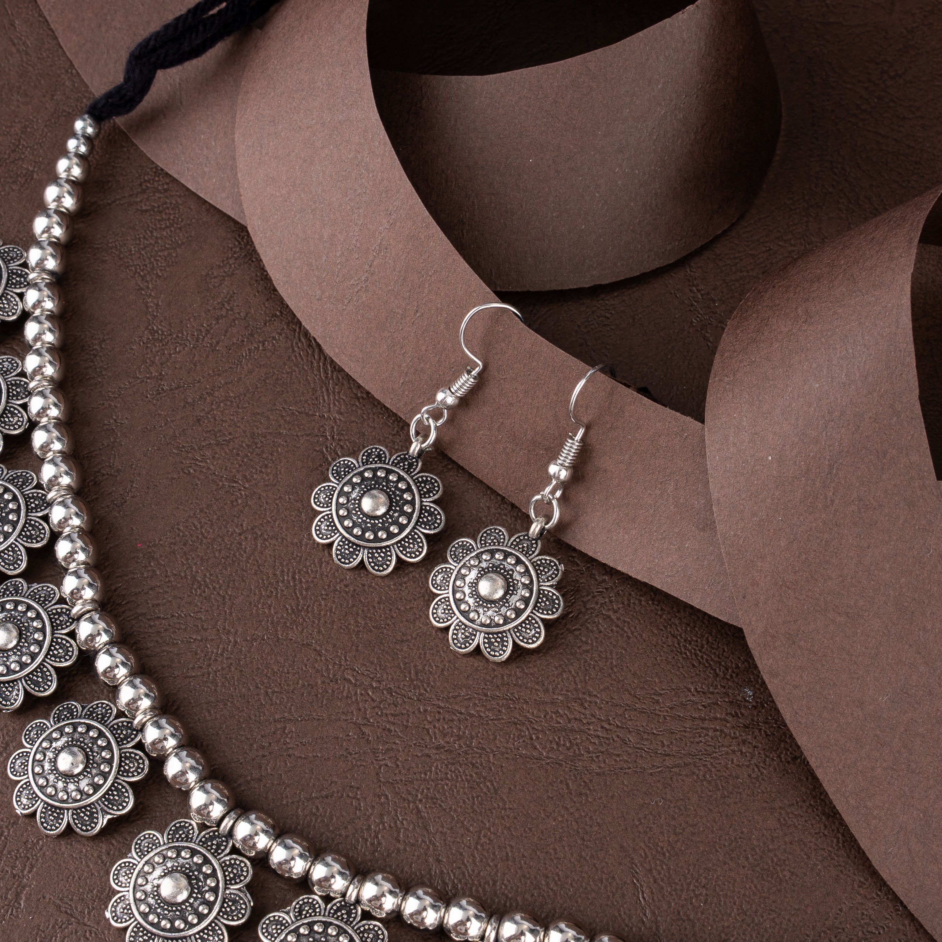 Oxidised Silver Beaded Floral Rosette Collar Choker Necklace Set with Drop Earrings