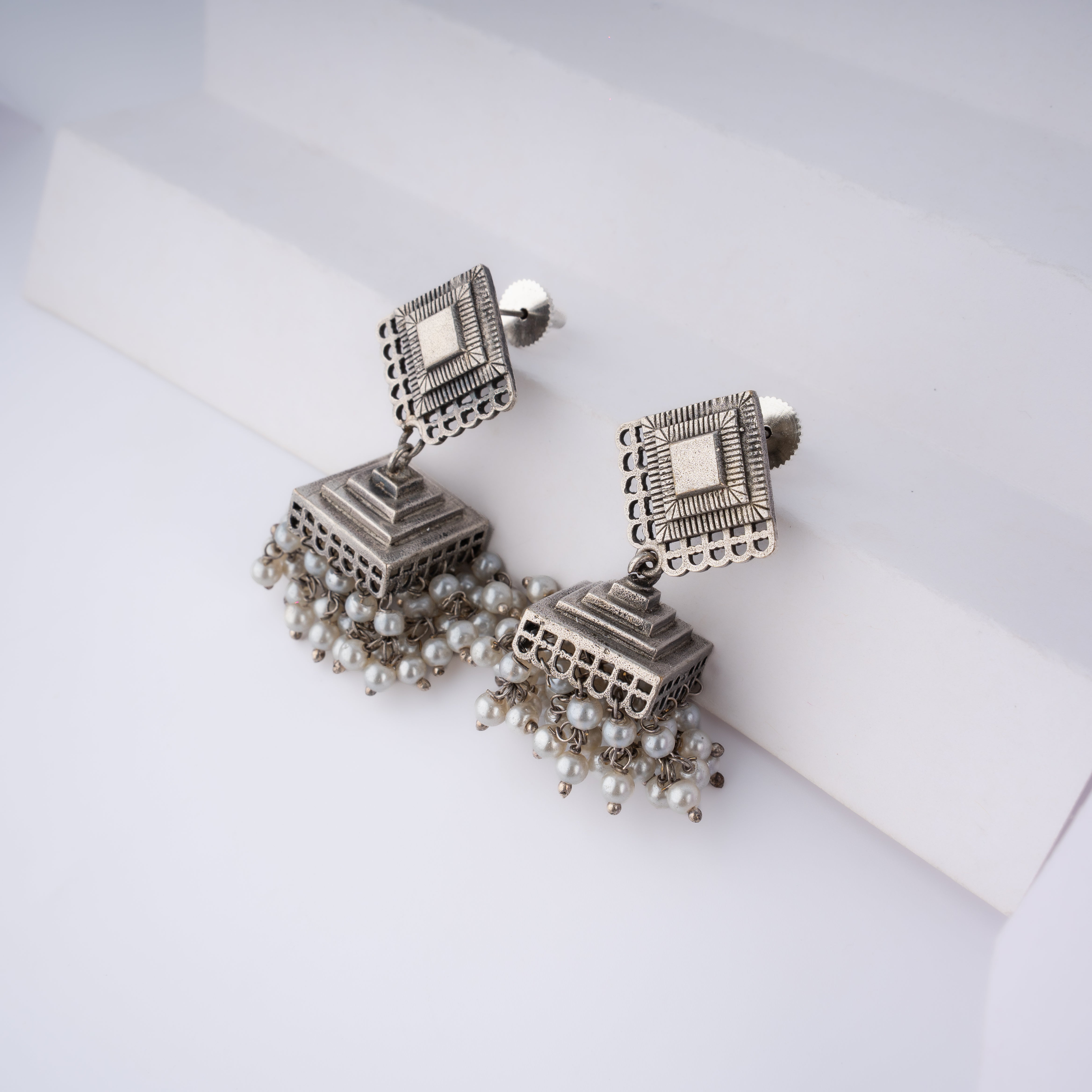 Oxidised Silver Geometric Pyramid Square Pearl Jhumka Statement Earrings