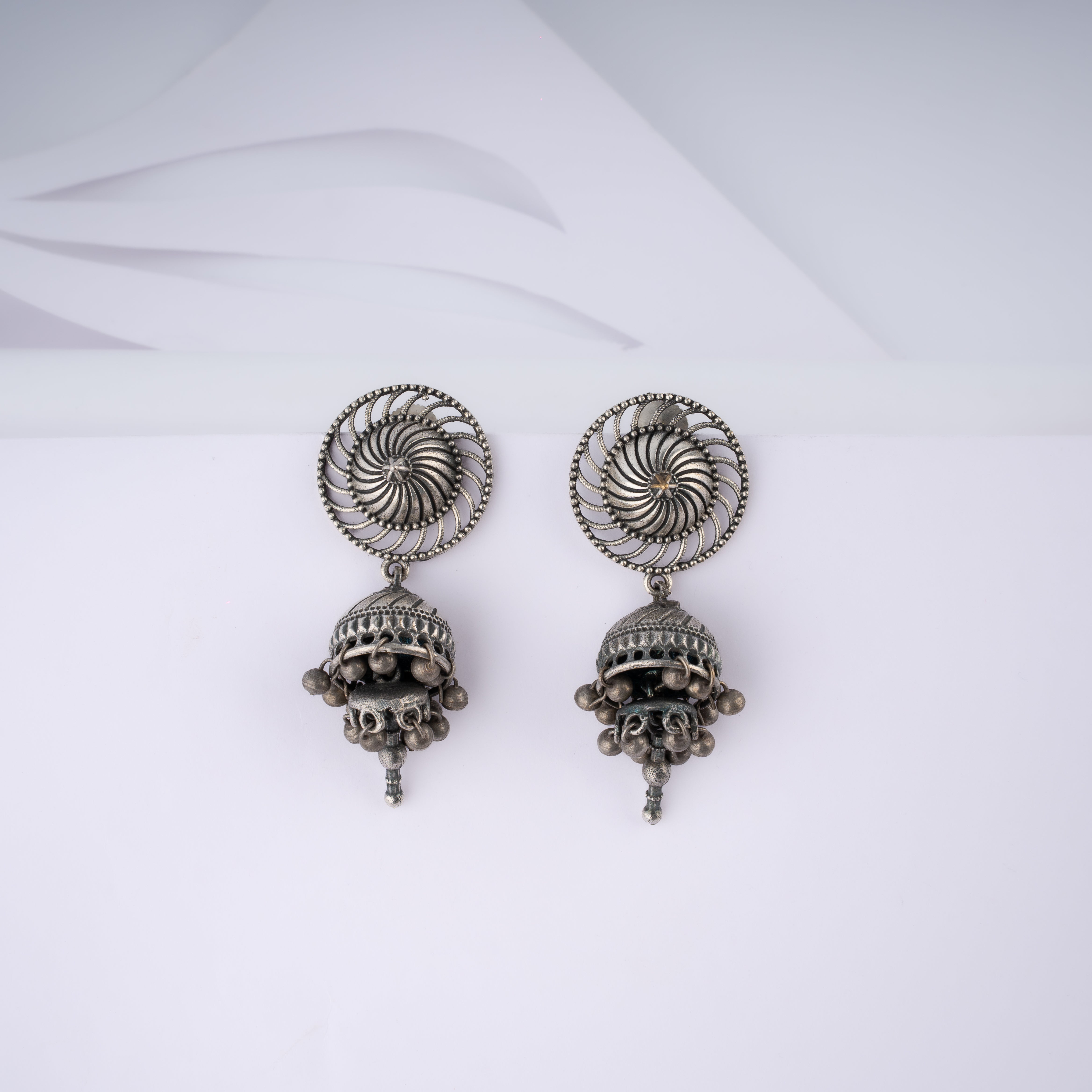 Oxidised Silver Swirl Mandala Double Dome Ghungroo Jhumka Statement Earrings