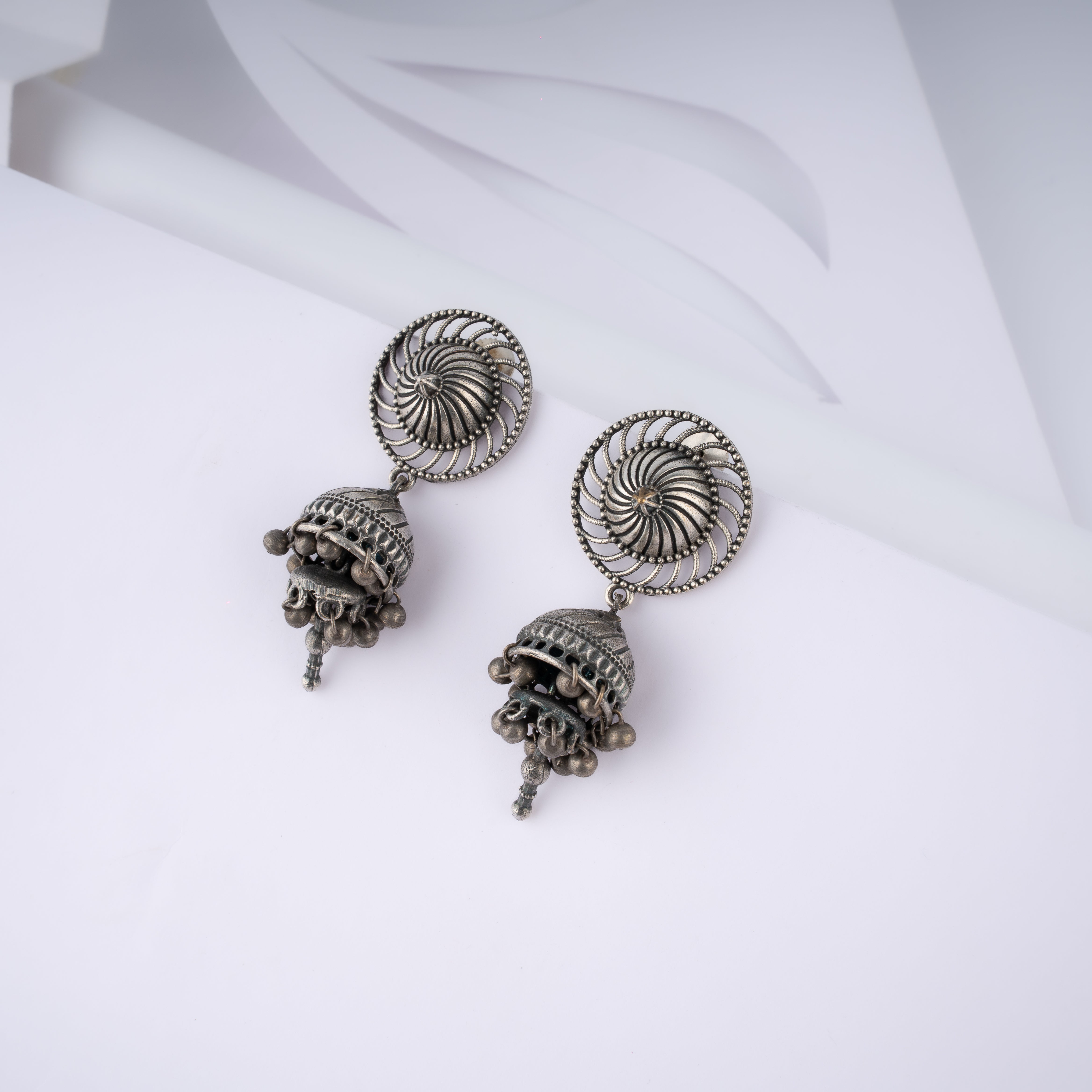 Oxidised Silver Swirl Mandala Double Dome Ghungroo Jhumka Statement Earrings