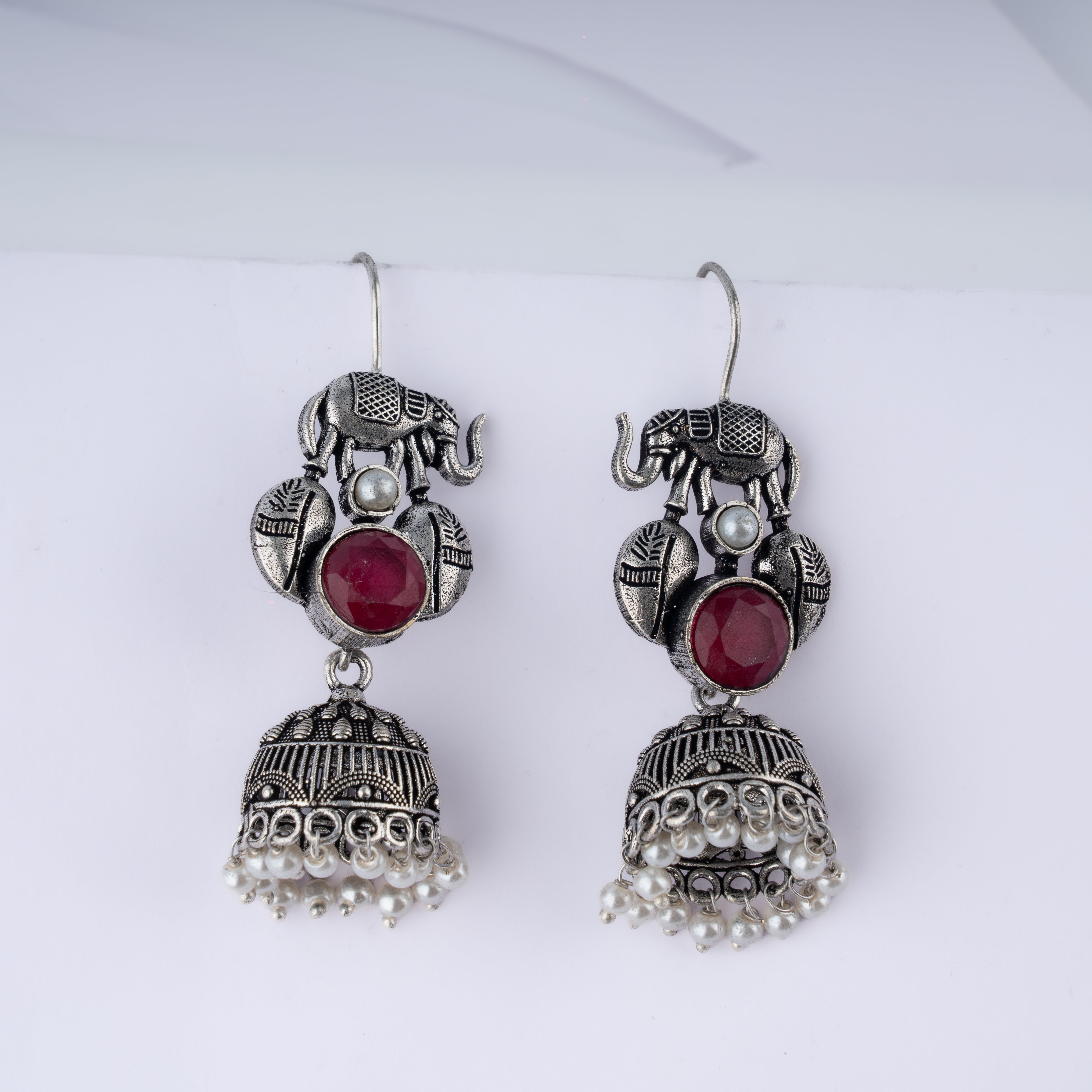 Oxidised Silver Royal Elephant Stone Pearl Jhumka Statement Earrings