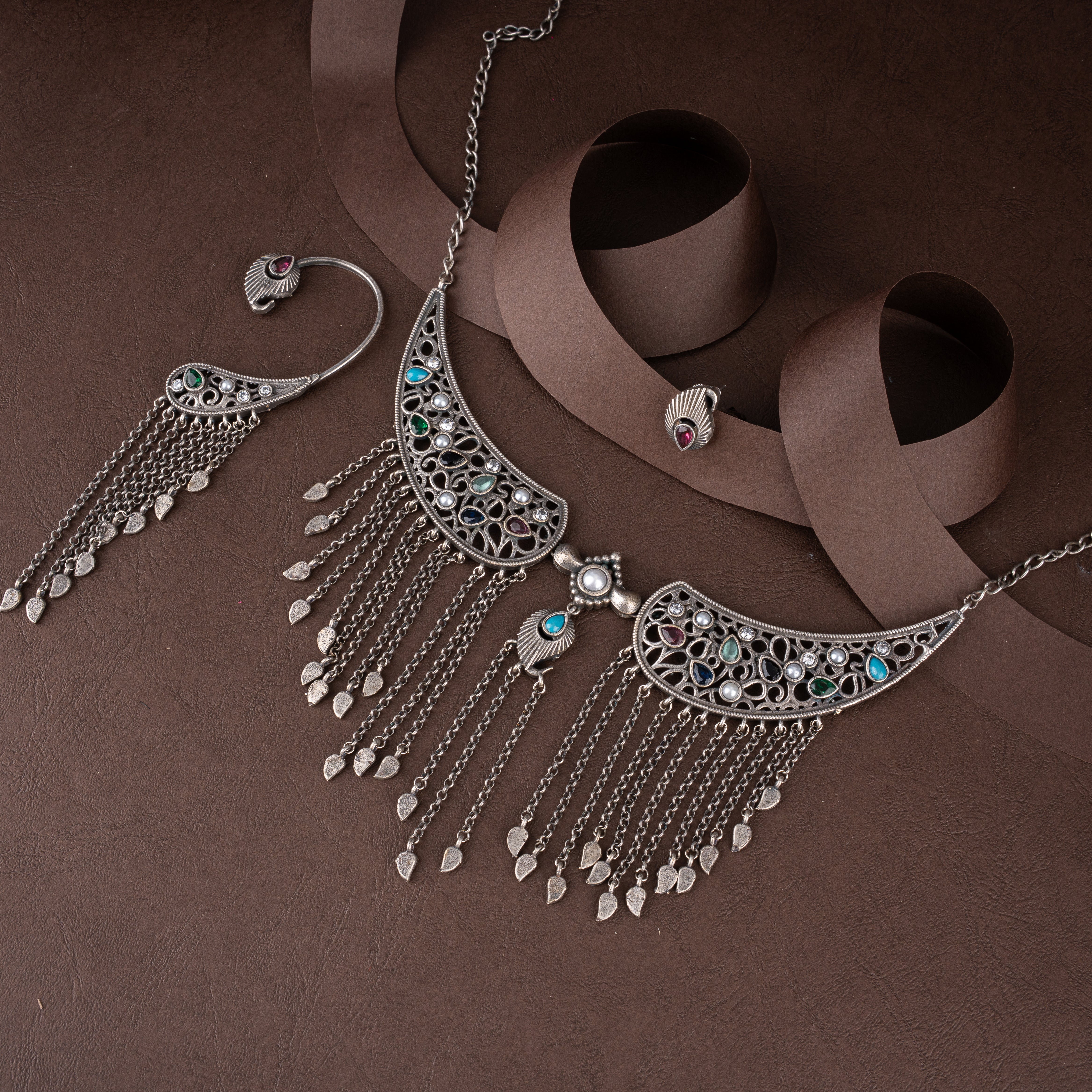 Oxidised Filigree Winged Collar Necklace Set with Leaf Charm Chain Tassels and Ear Cuffs