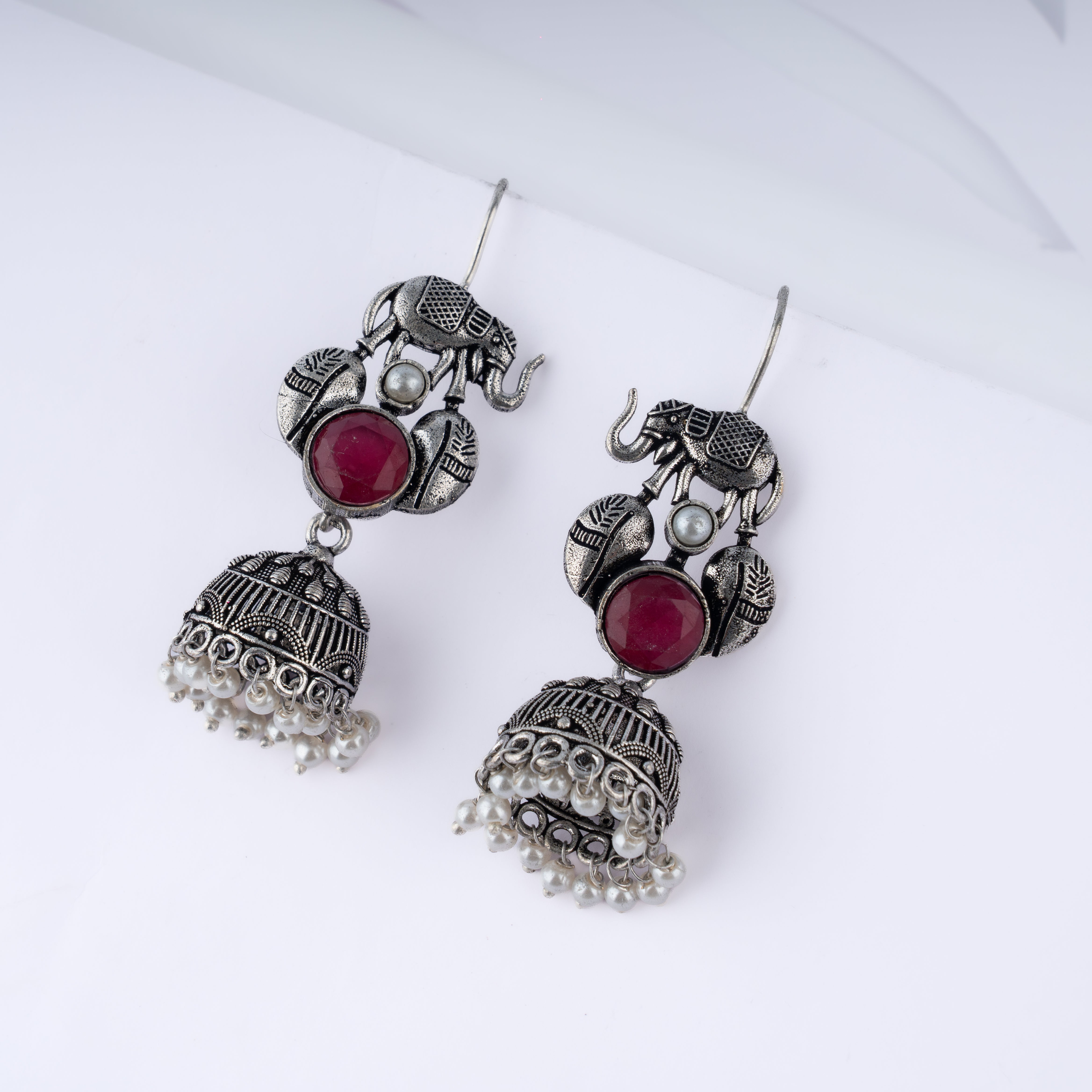Oxidised Silver Royal Elephant Stone Pearl Jhumka Statement Earrings
