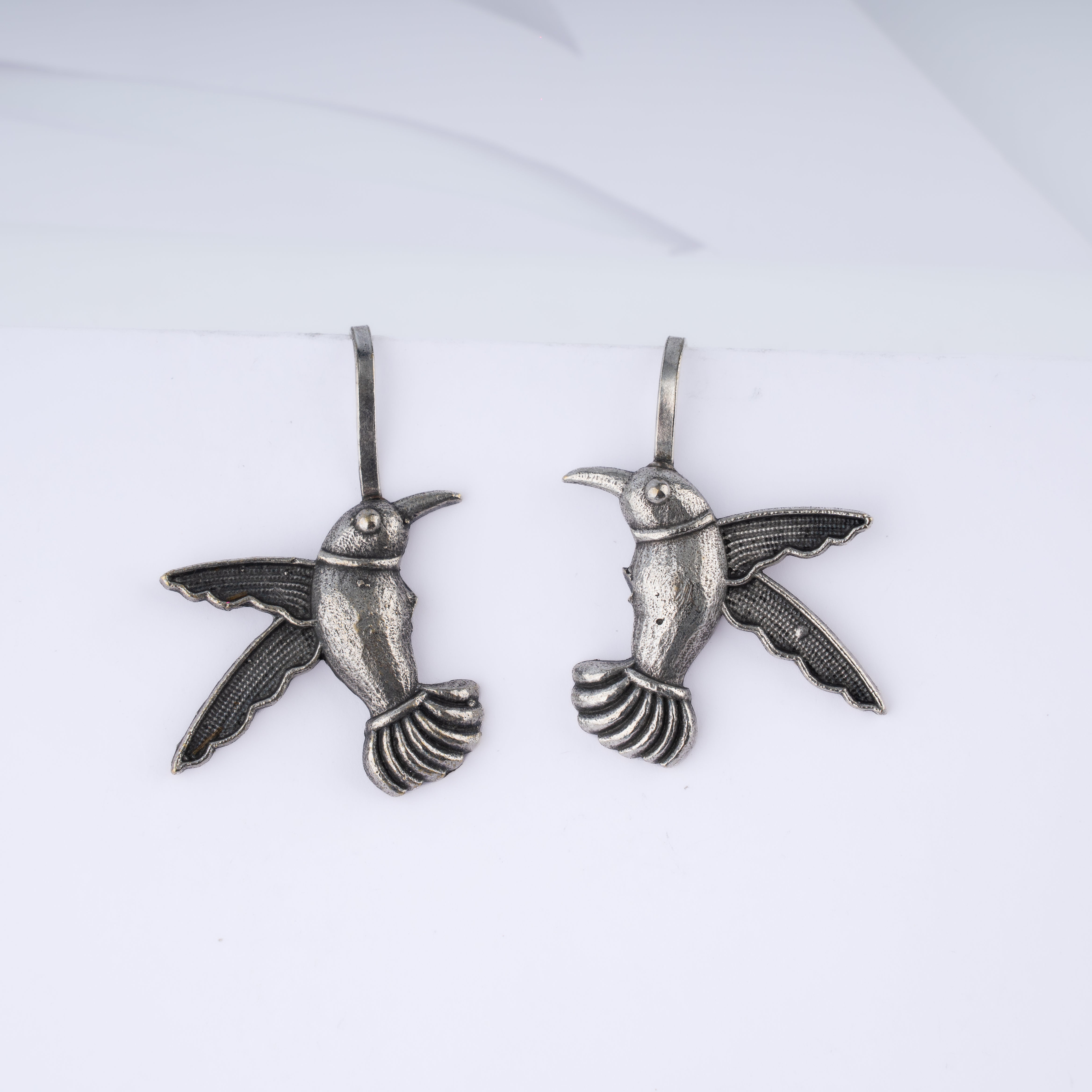 Oxidised Silver Hummingbird Leverback Clip Earrings