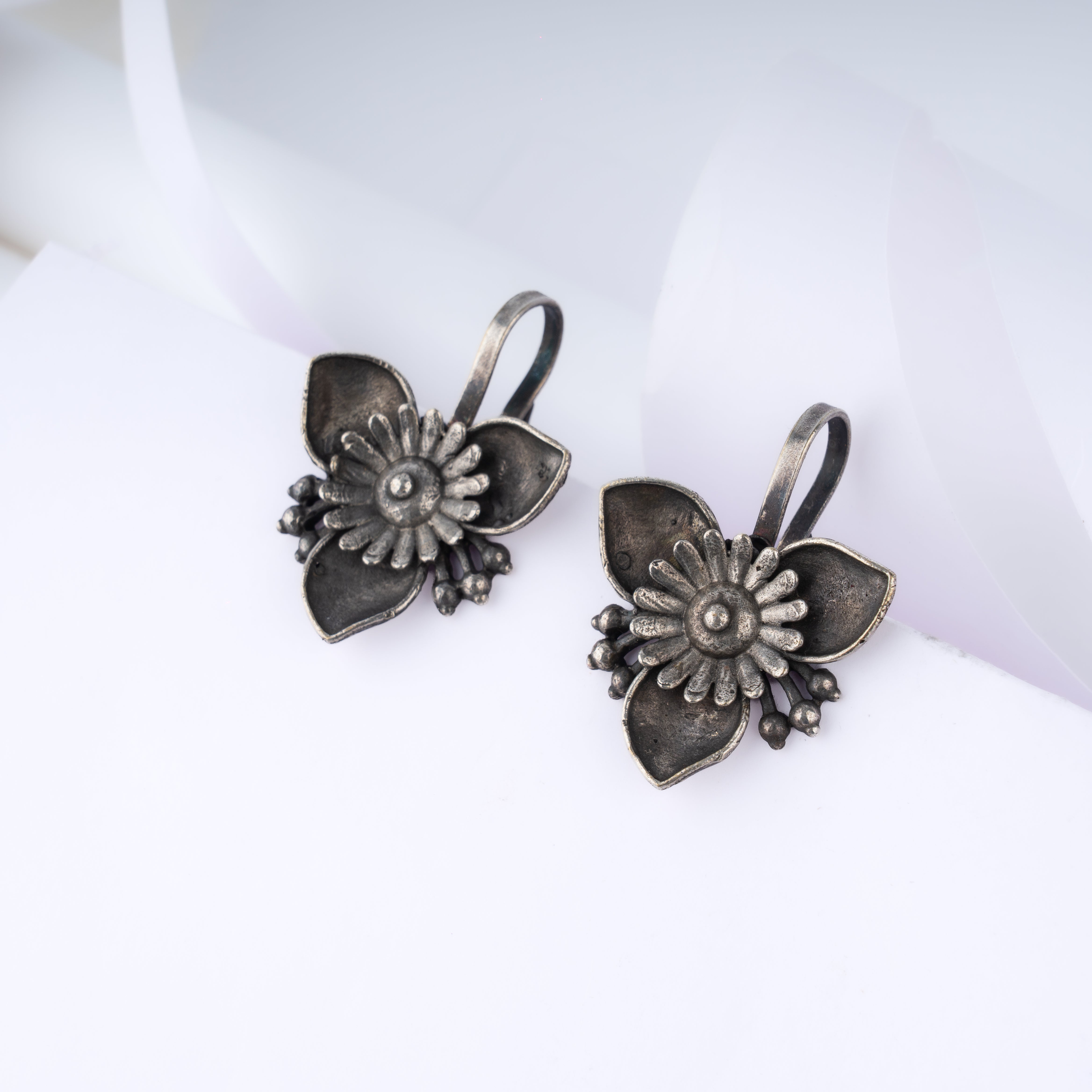 Oxidised Silver Tri-Petal Floral Drop Earrings