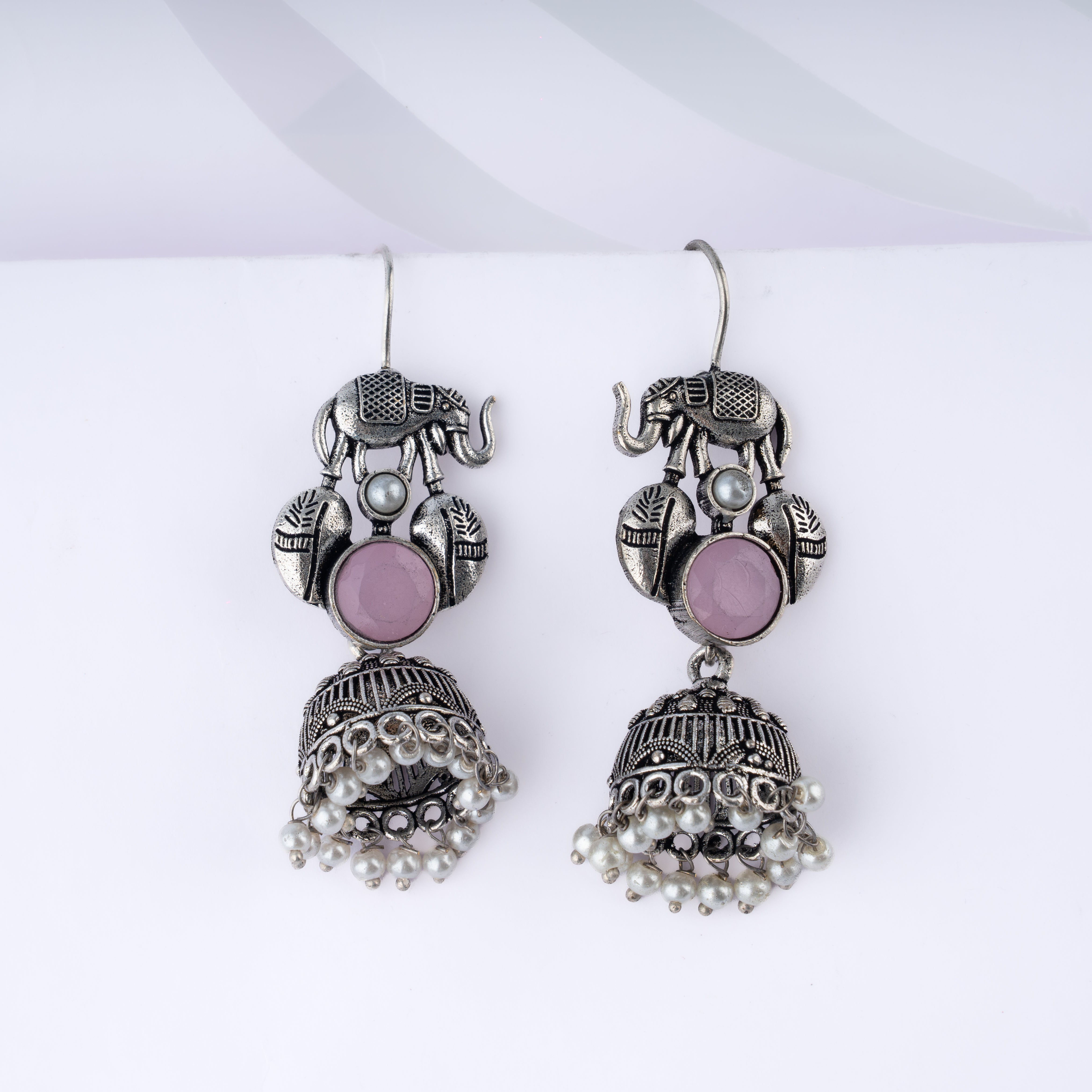 Oxidised Silver Royal Elephant Stone Pearl Jhumka Statement Drop Earrings