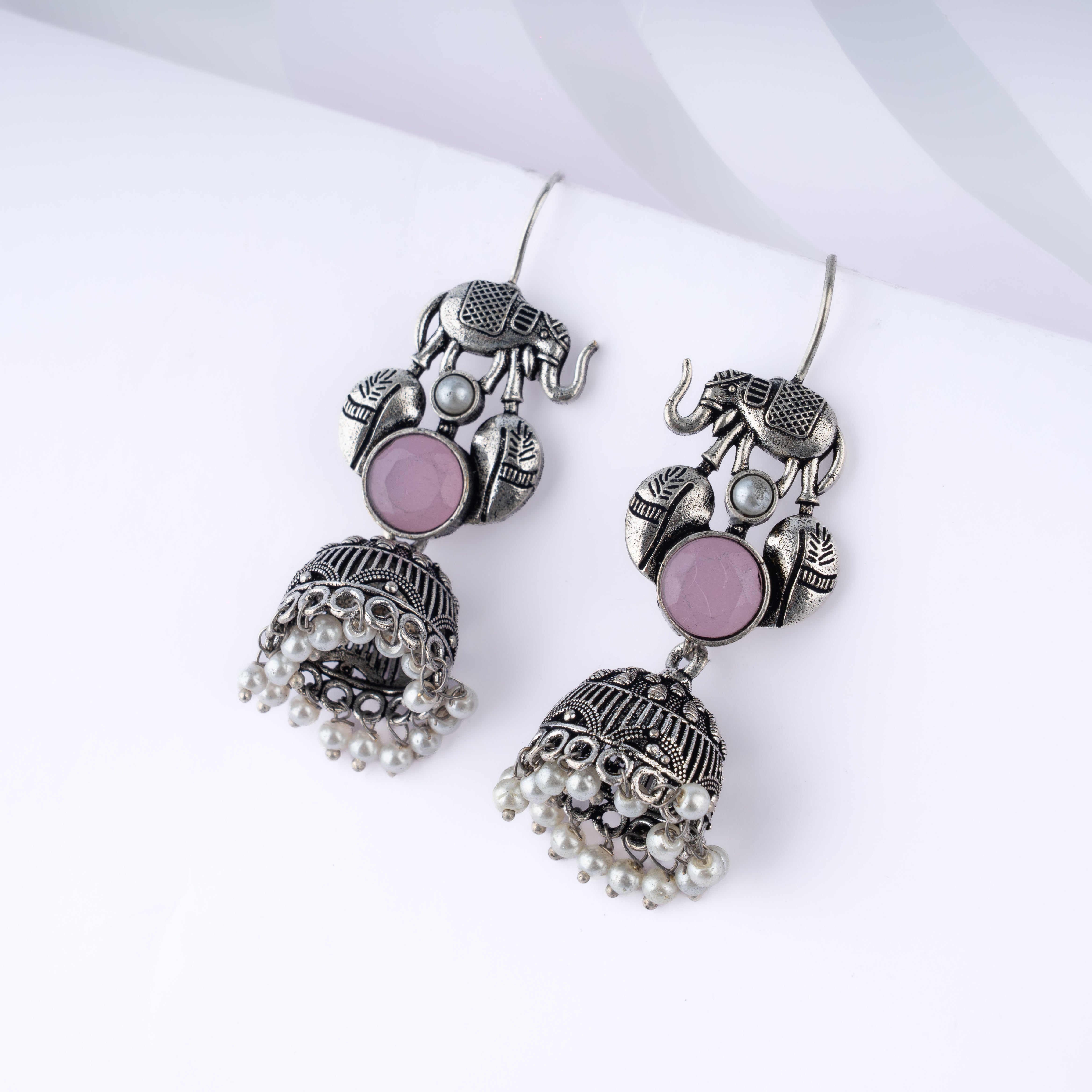 Oxidised Silver Royal Elephant Stone Pearl Jhumka Statement Drop Earrings