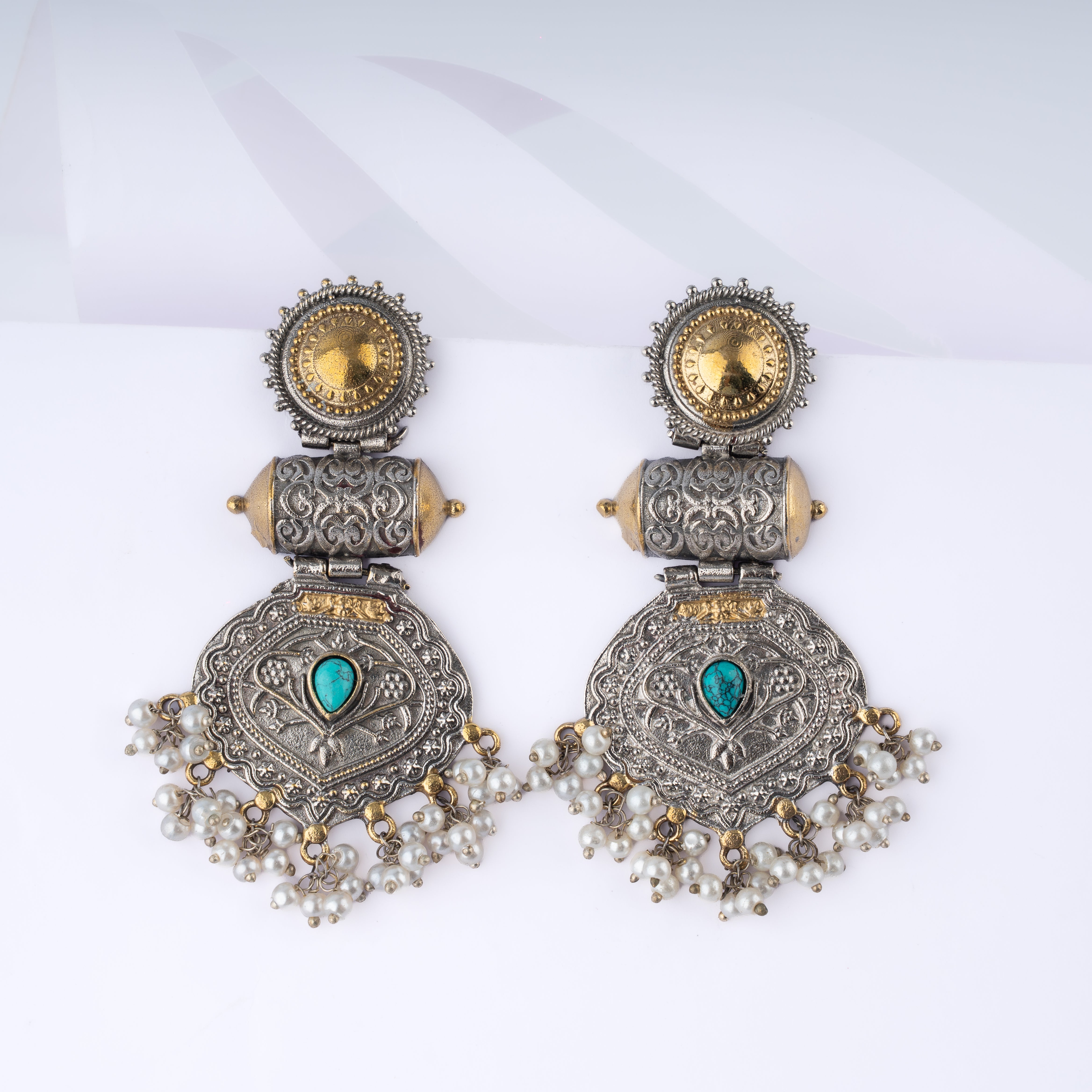 Dual Tone Amulet Cylindrical Scroll Pearl Statement Drop Earrings