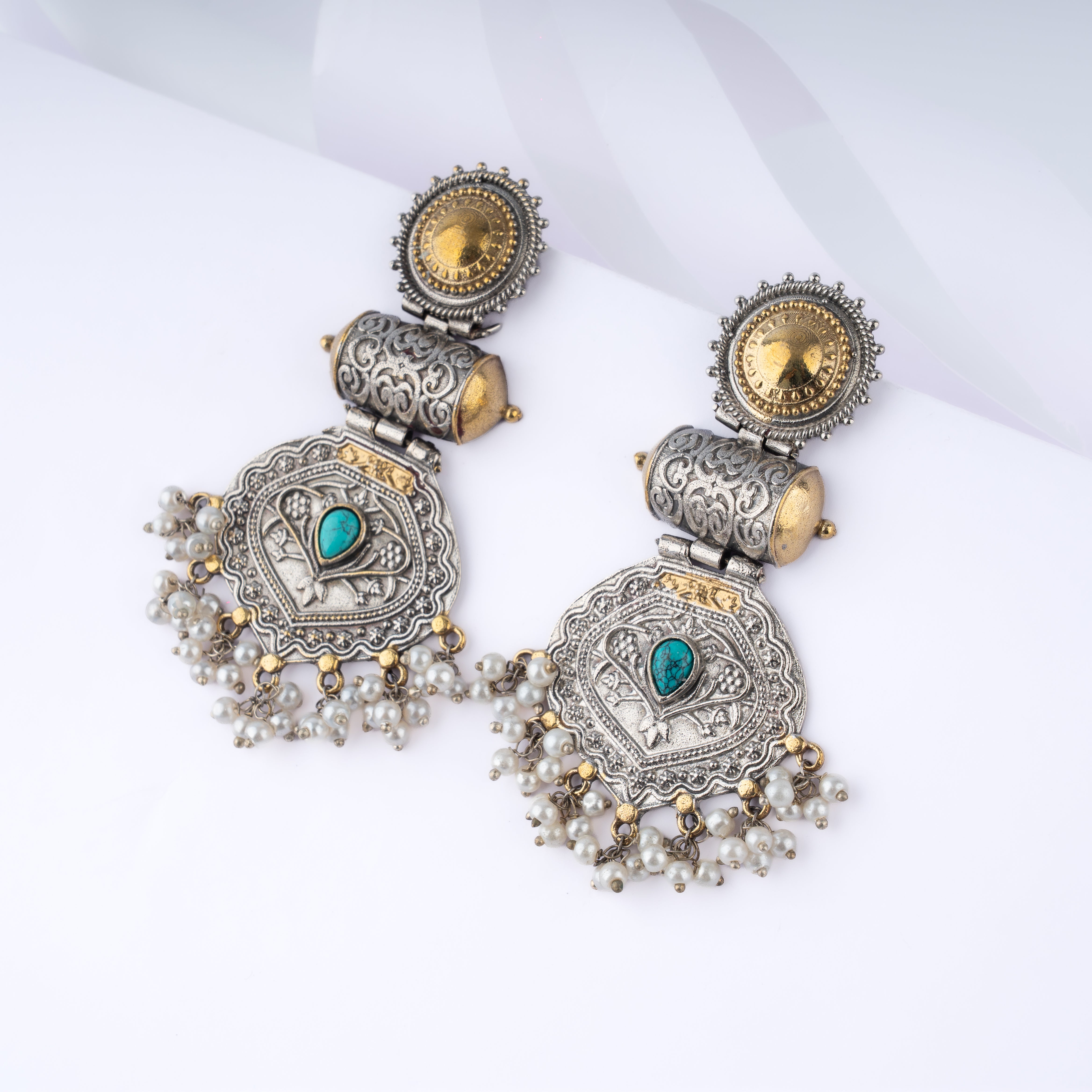 Dual Tone Amulet Cylindrical Scroll Pearl Statement Drop Earrings