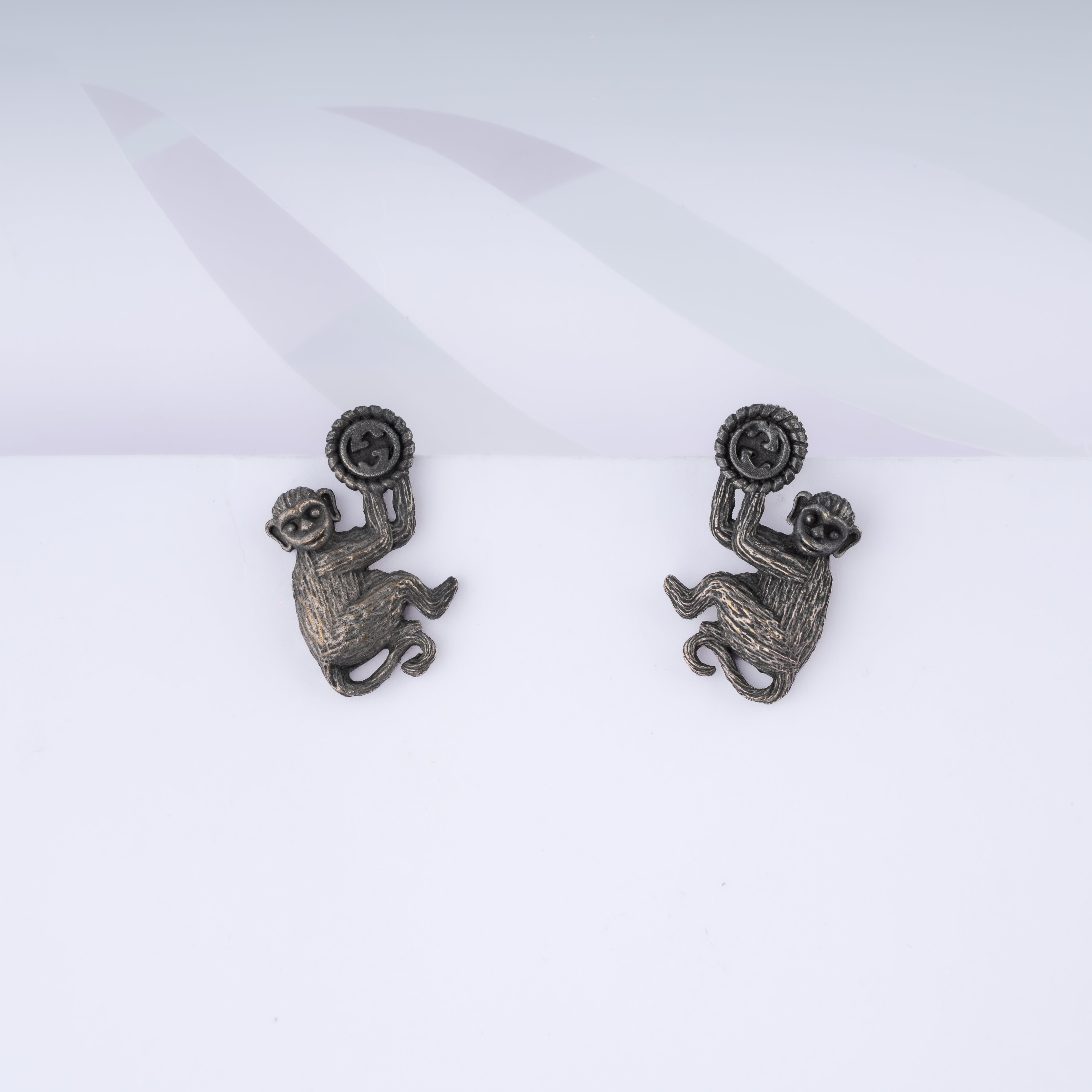 Oxidised Silver Playful Monkey Solar Disc Stud Statement Earrings