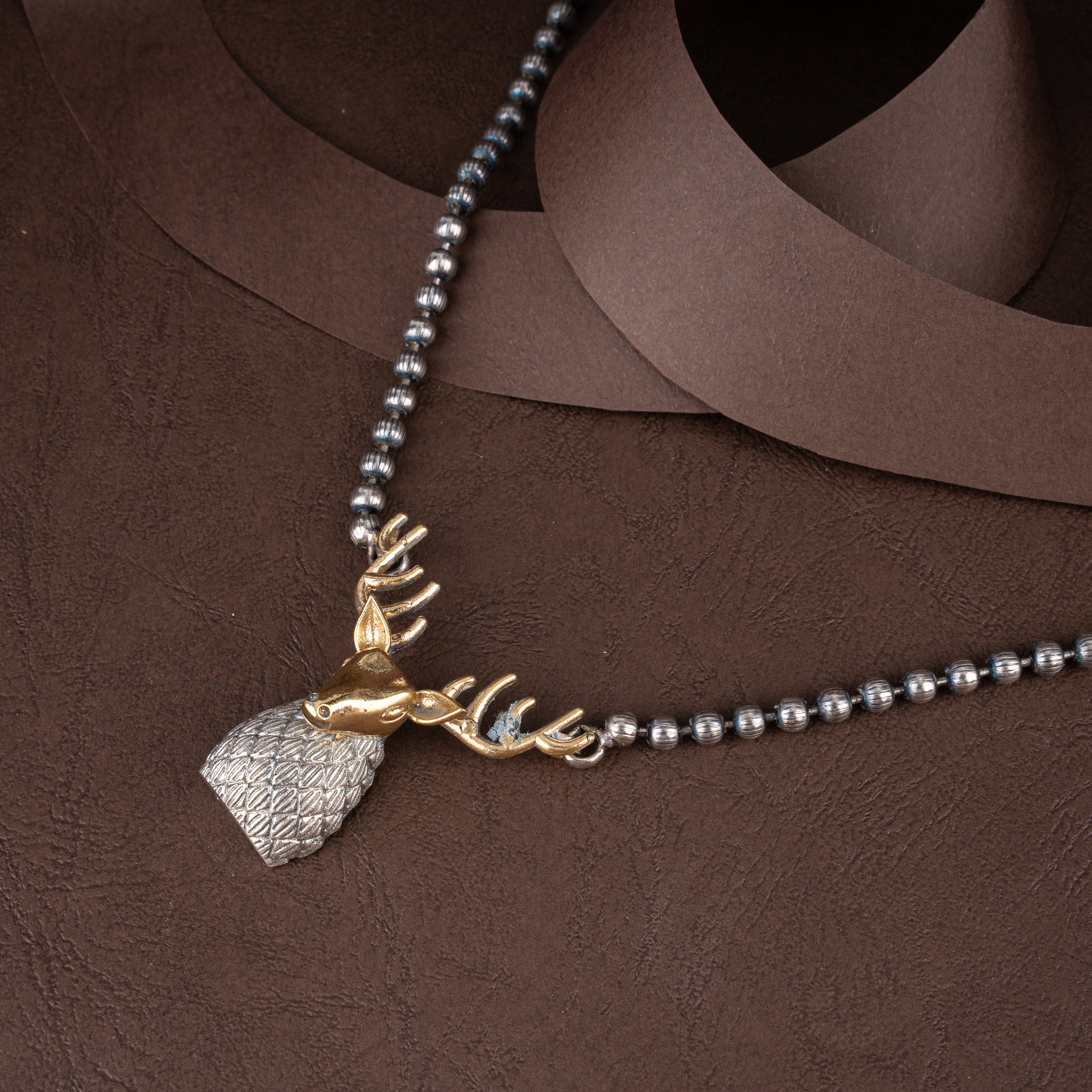 Dual-Tone Sculpted Stag Pendant Beaded Necklace Set with Stud Earrings