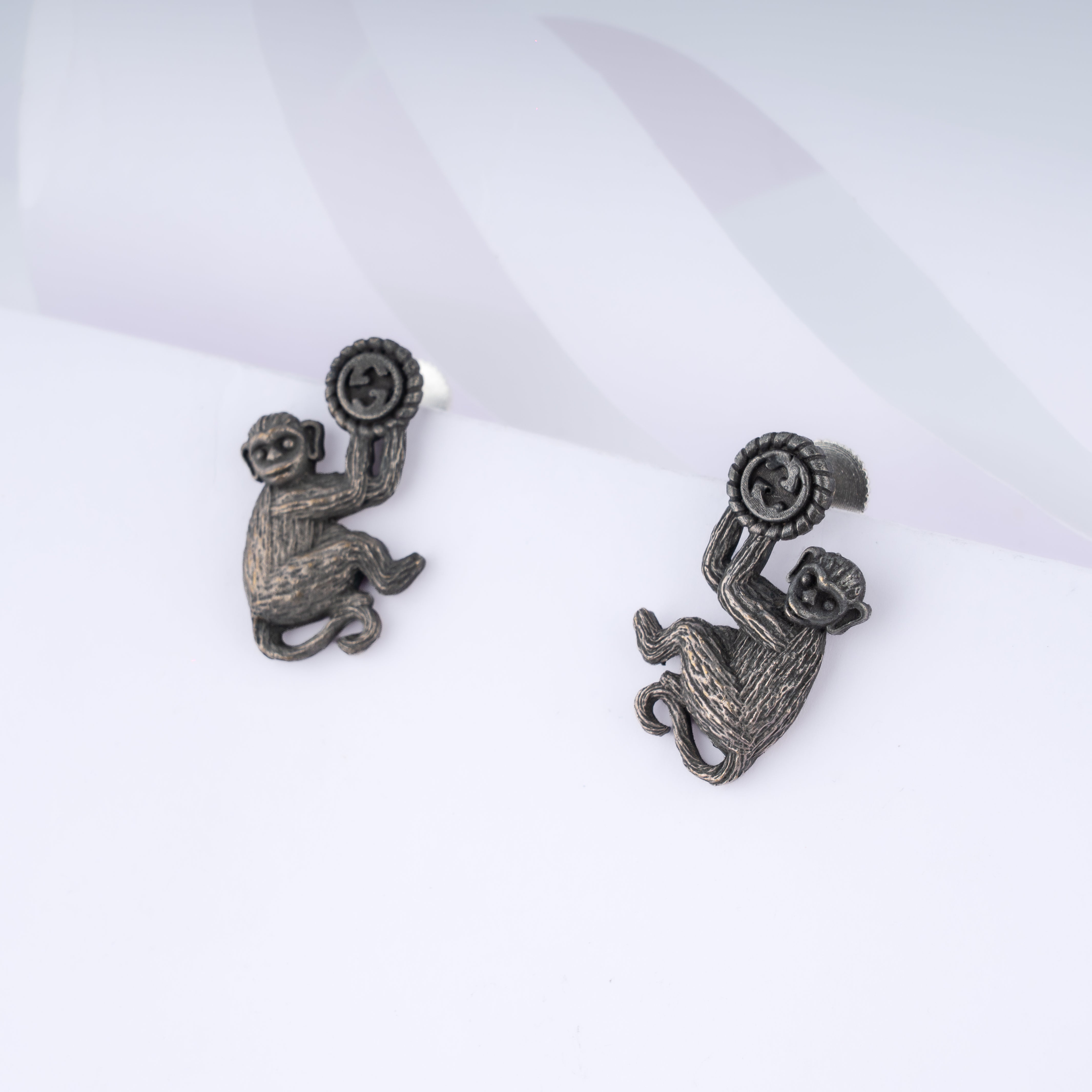 Oxidised Silver Playful Monkey Solar Disc Stud Statement Earrings