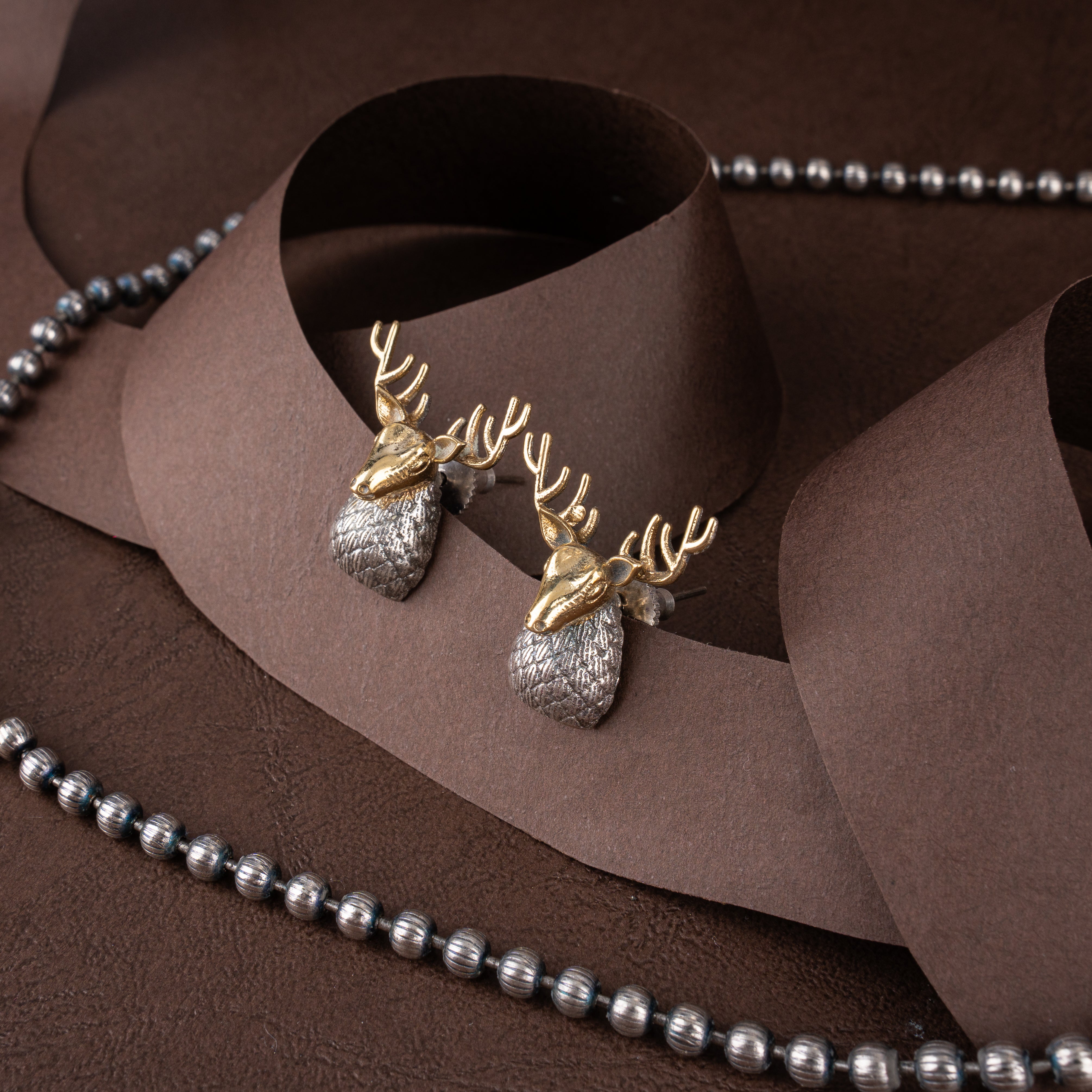 Dual-Tone Sculpted Stag Pendant Beaded Necklace Set with Stud Earrings