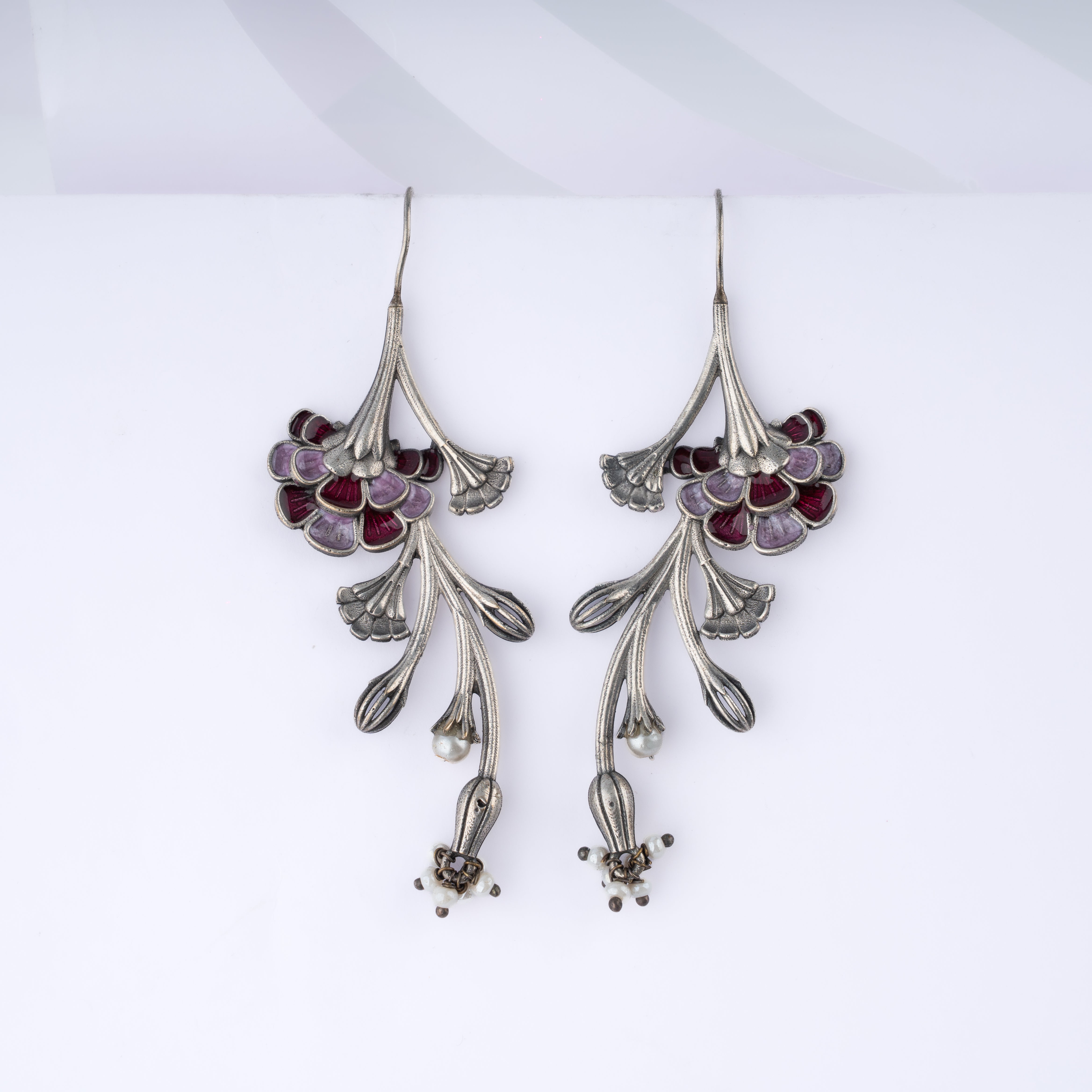 Oxidised Silver Meenakari Carnation Vine Pearl Long Drop Statement Earrings