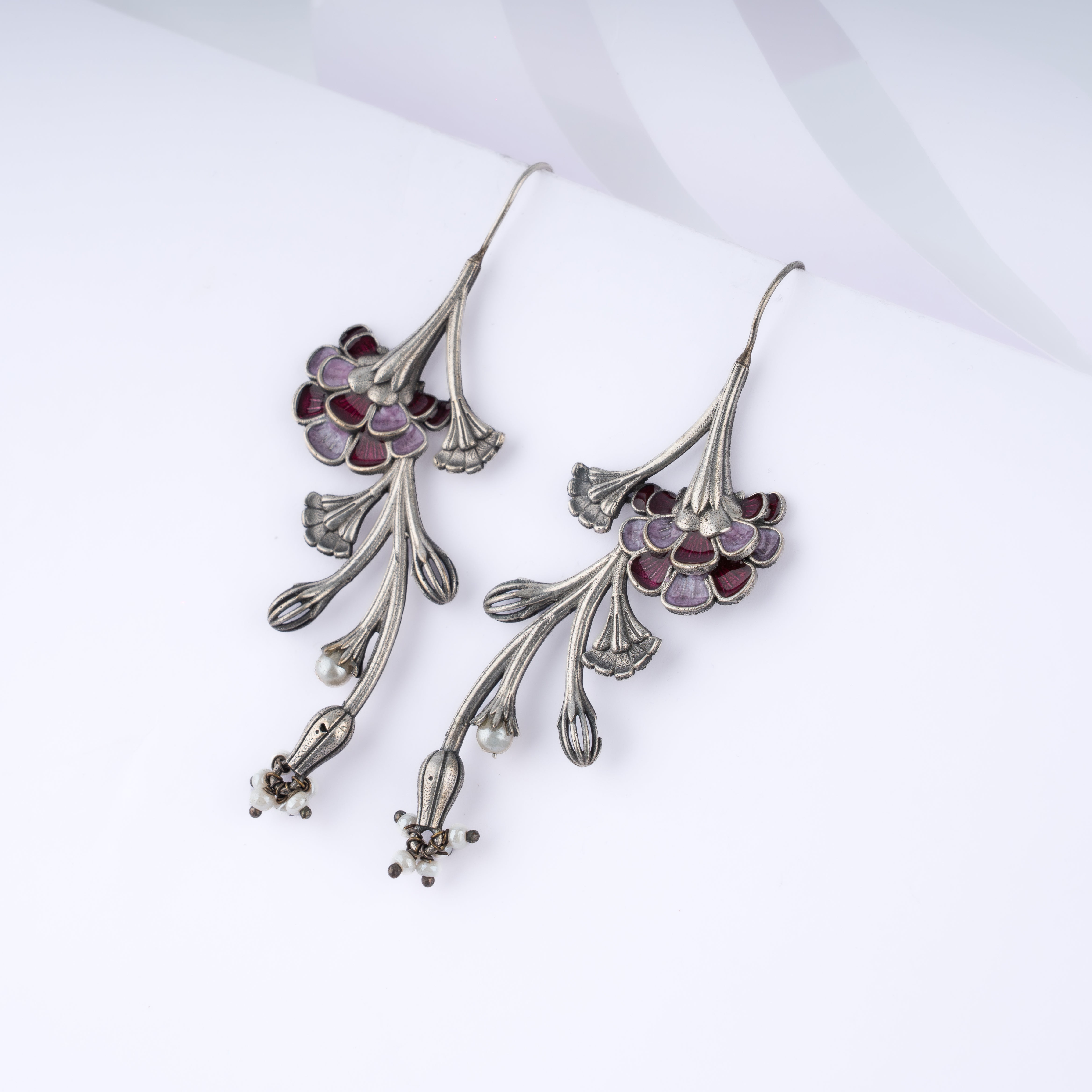 Oxidised Silver Meenakari Carnation Vine Pearl Long Drop Statement Earrings