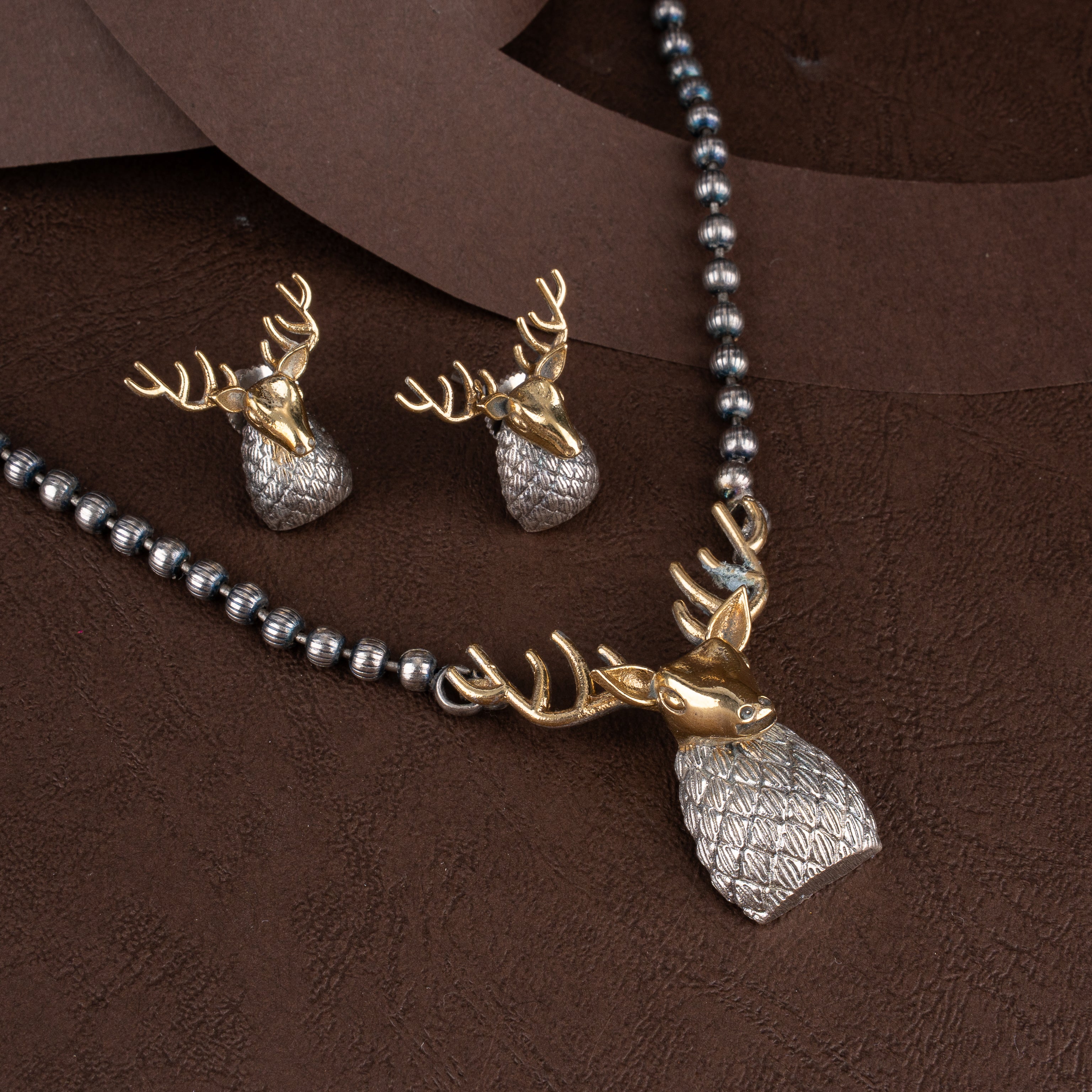 Dual-Tone Sculpted Stag Pendant Beaded Necklace Set with Stud Earrings