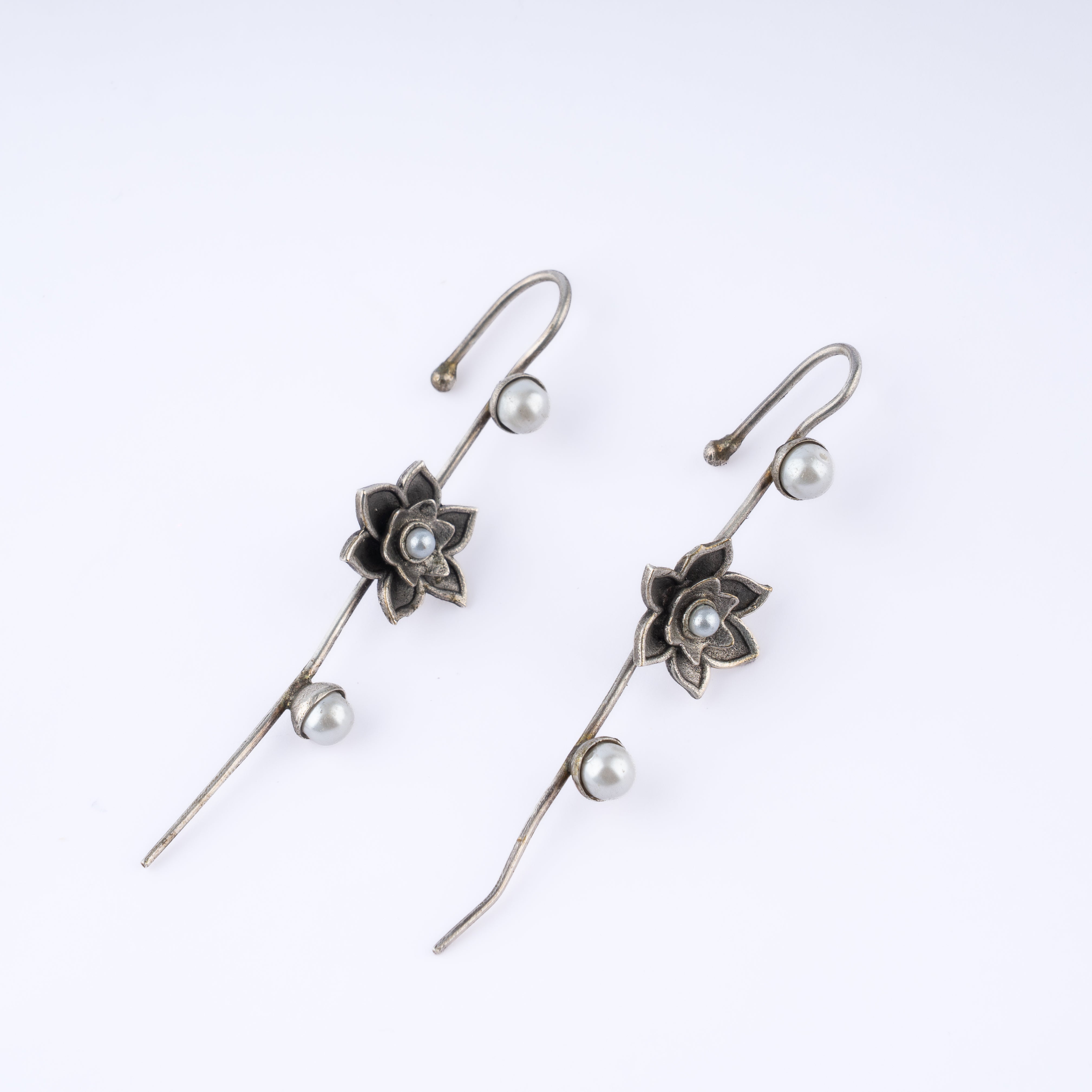 Oxidised Silver Lotus Pearl Linear Ear Climber Crawler Statement Earrings