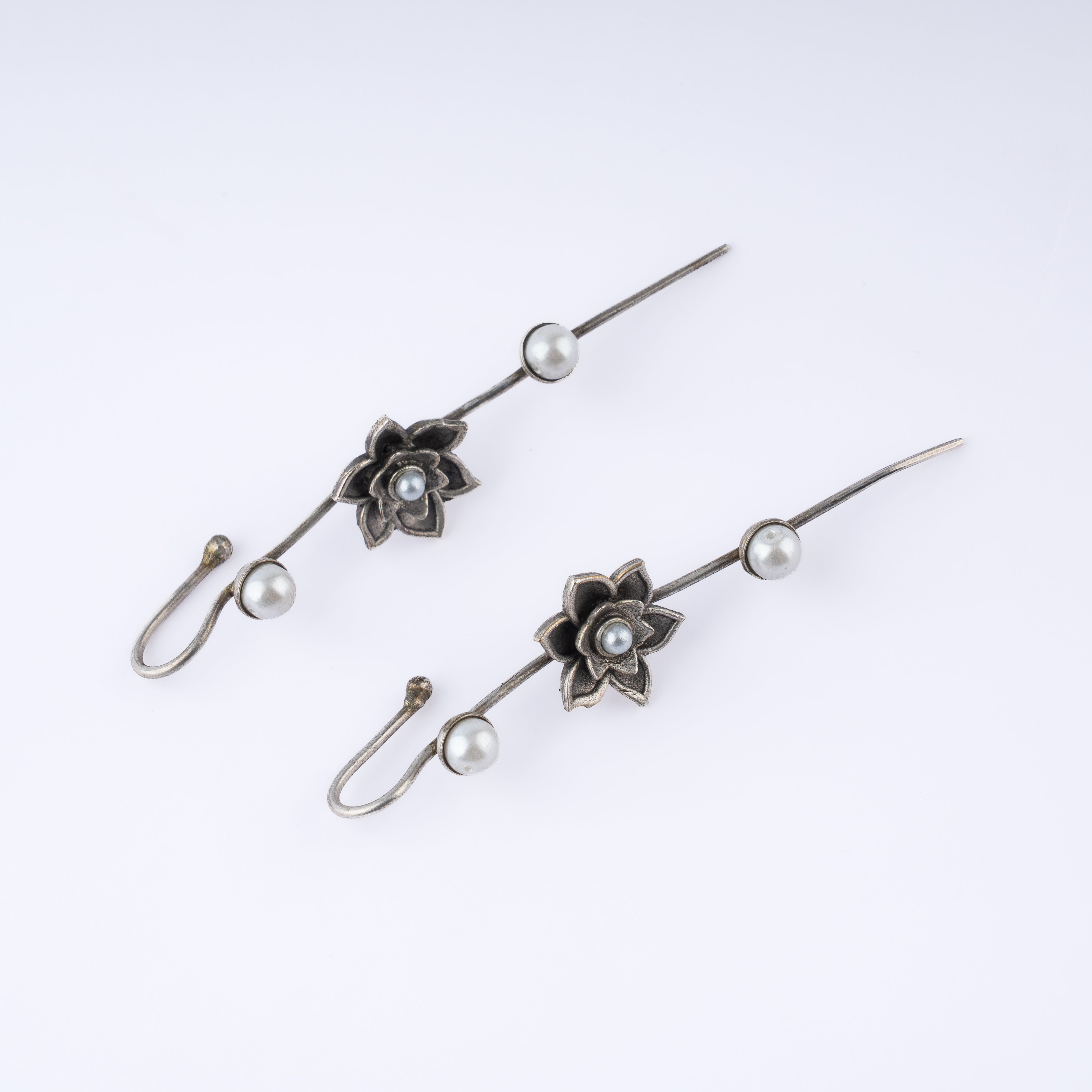 Oxidised Silver Lotus Pearl Linear Ear Climber Crawler Statement Earrings