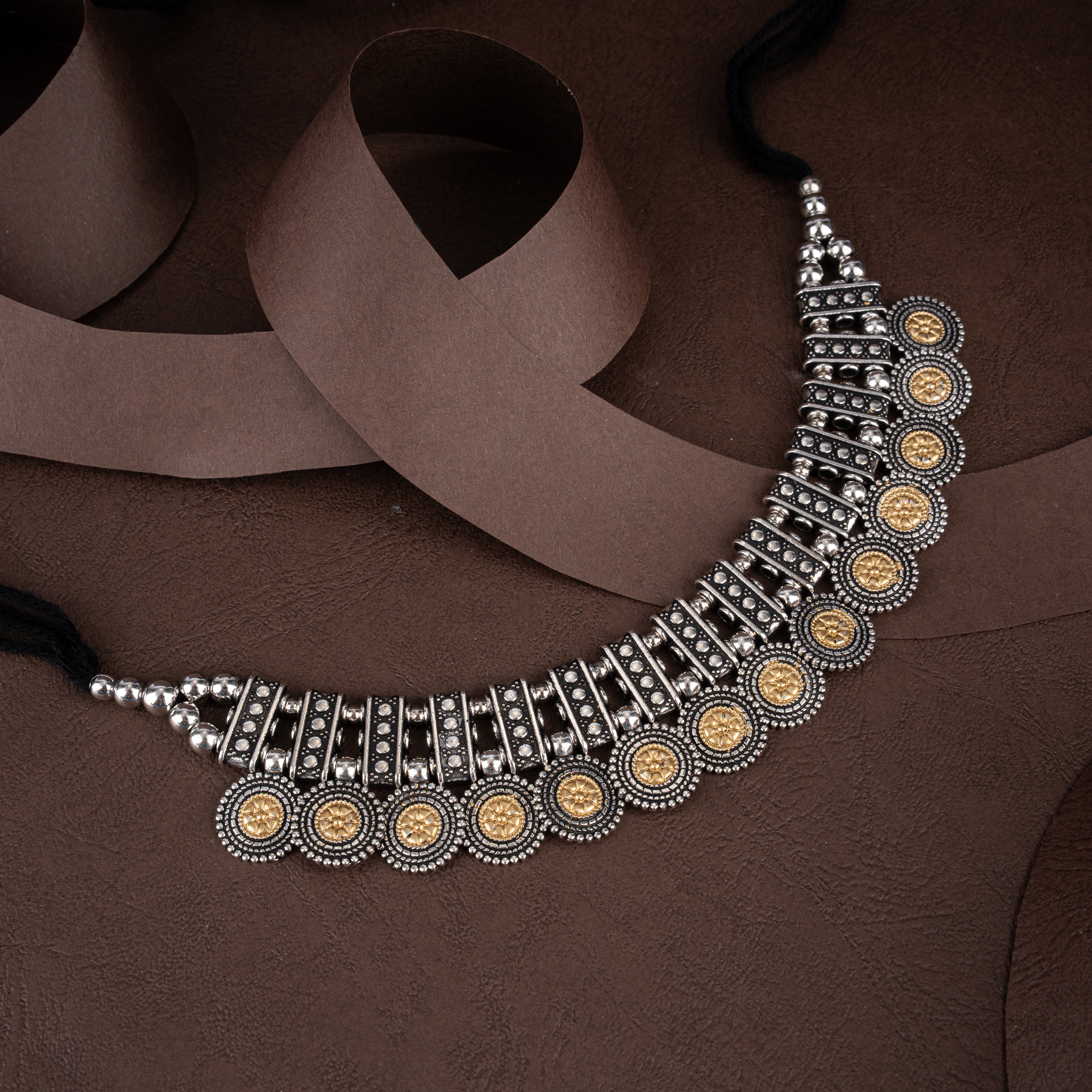 Dual-Tone Oxidised Silver Coin Medallion Collar Choker Necklace Set with Drop Earrings