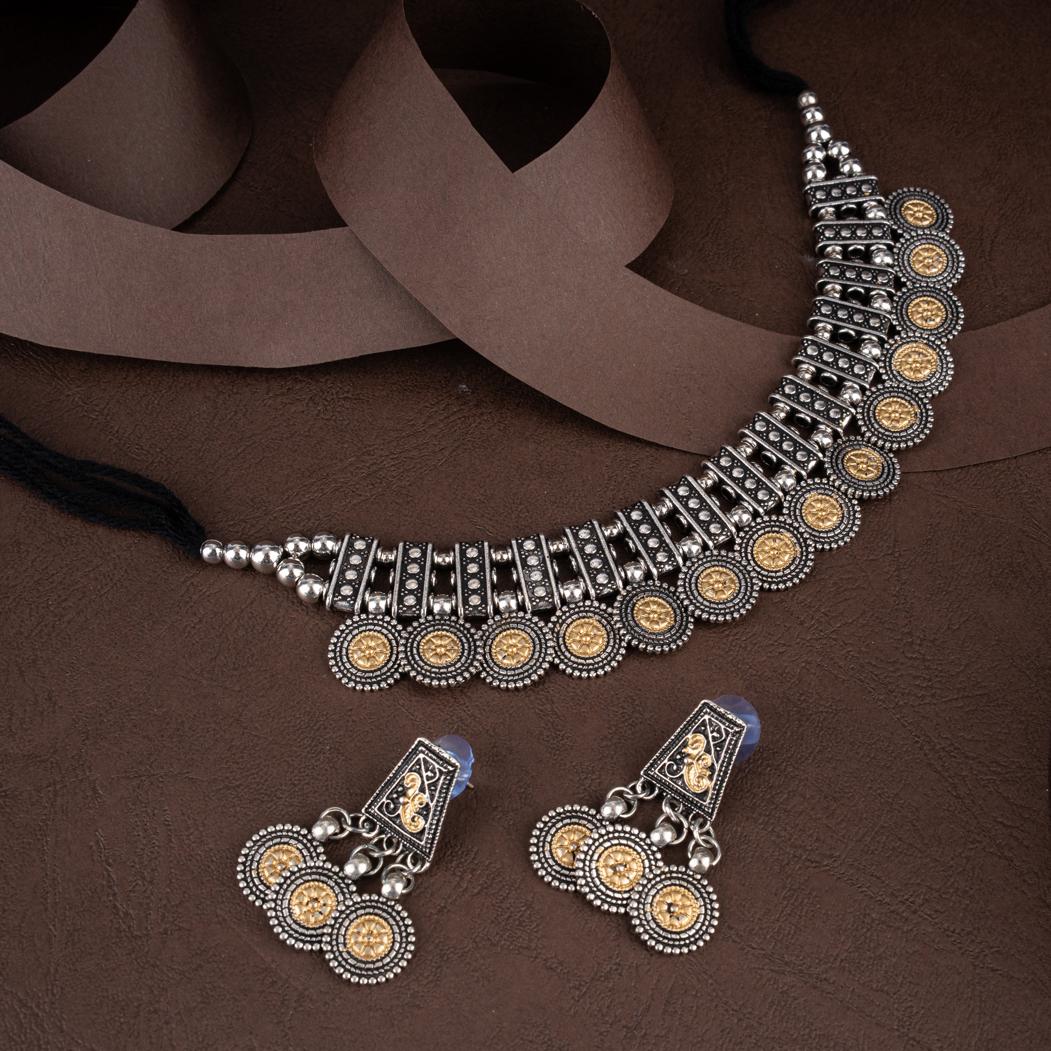 Dual-Tone Oxidised Silver Coin Medallion Collar Choker Necklace Set with Drop Earrings