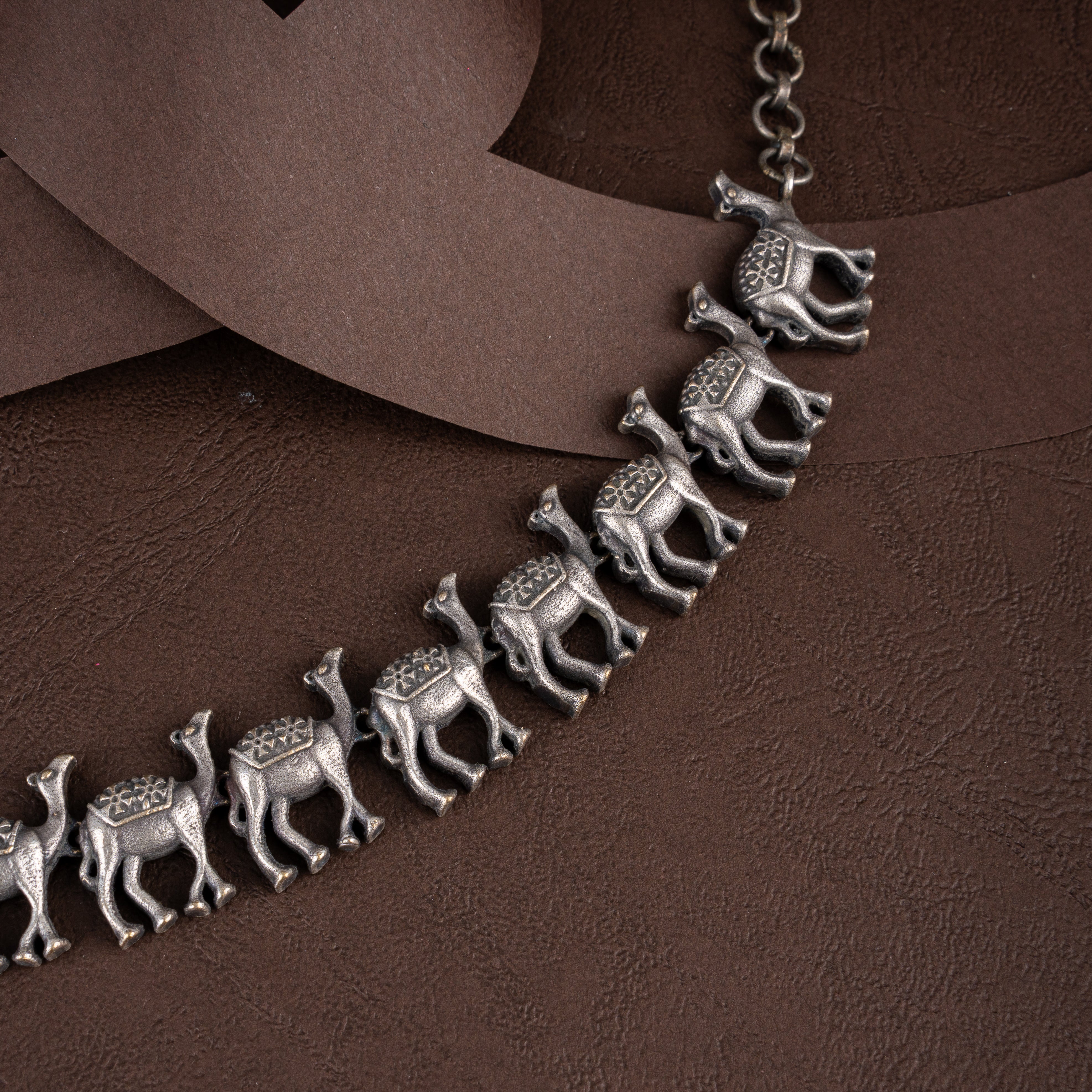Oxidised Silver Desert Camel Caravan Collar Necklace Set with Stud Earrings