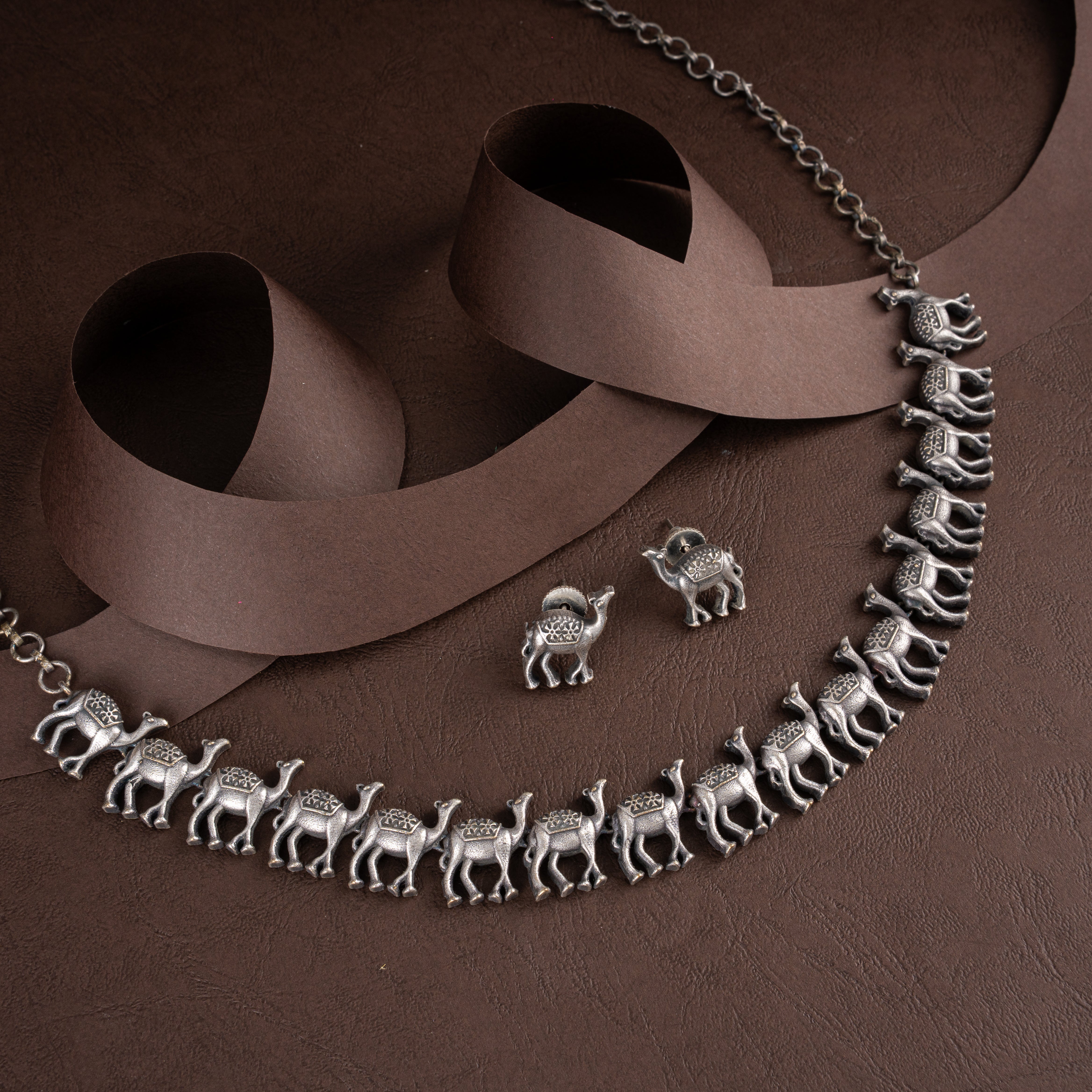 Oxidised Silver Desert Camel Caravan Collar Necklace Set with Stud Earrings