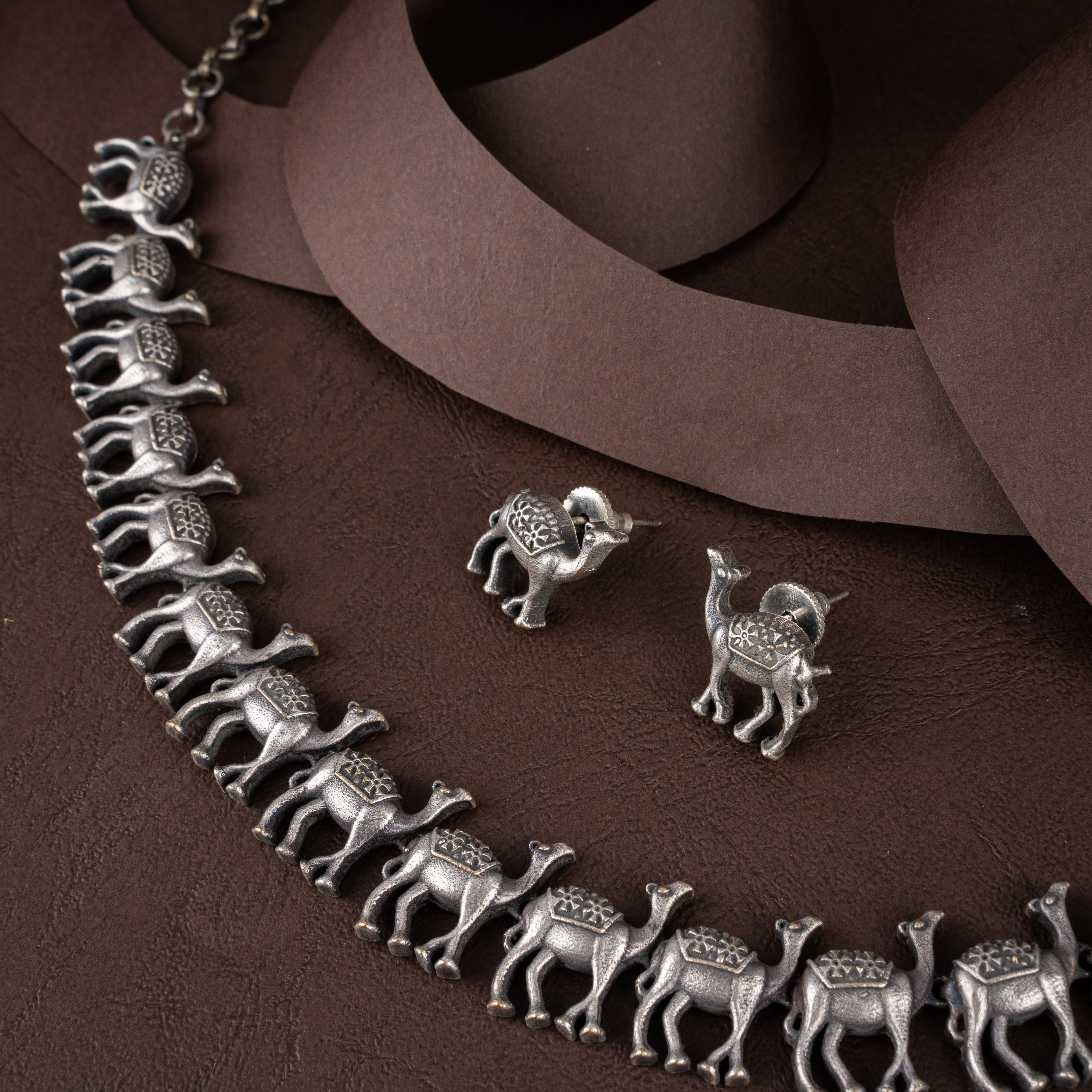 Oxidised Silver Desert Camel Caravan Collar Necklace Set with Stud Earrings