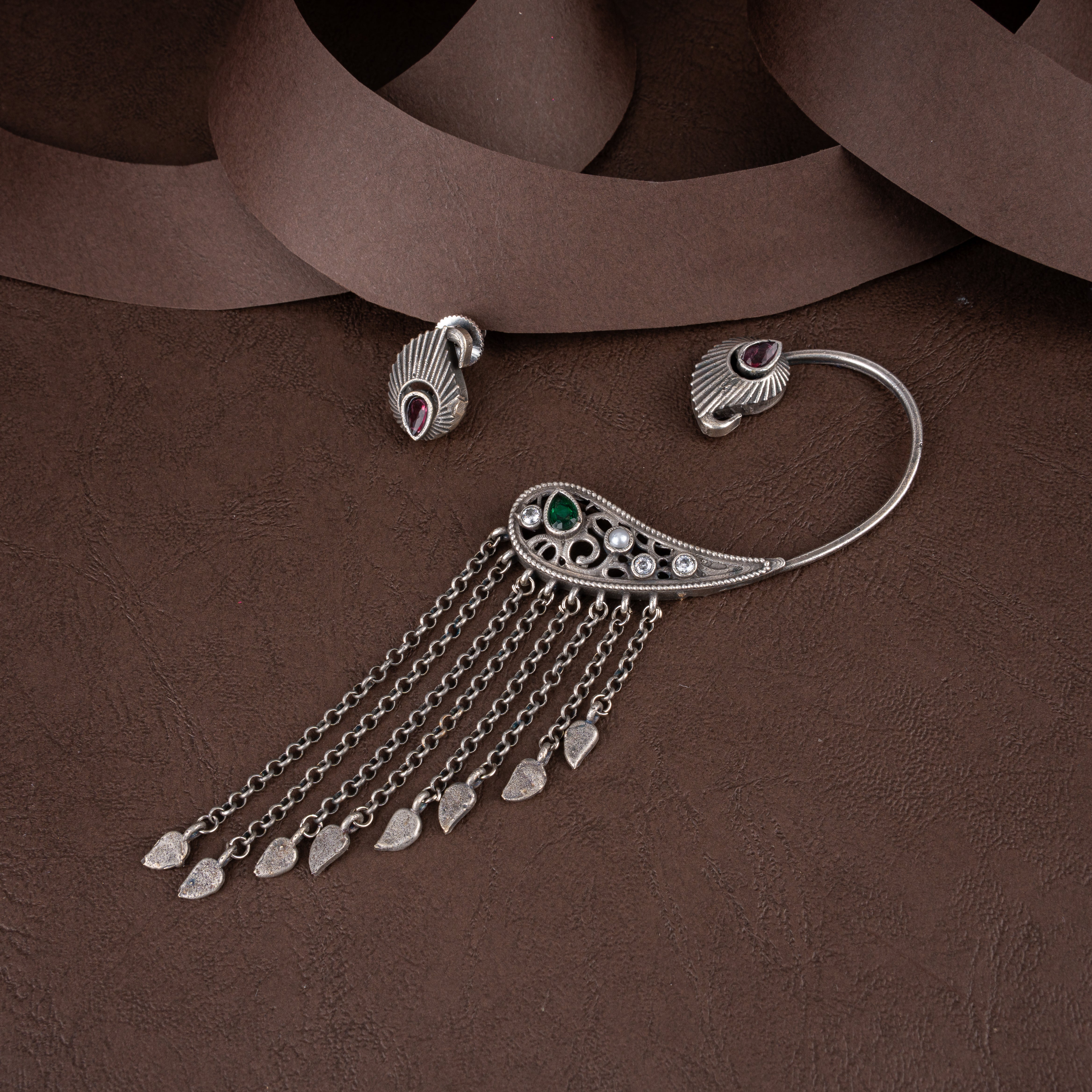 Oxidised Filigree Winged Collar Necklace Set with Leaf Charm Chain Tassels and Ear Cuffs