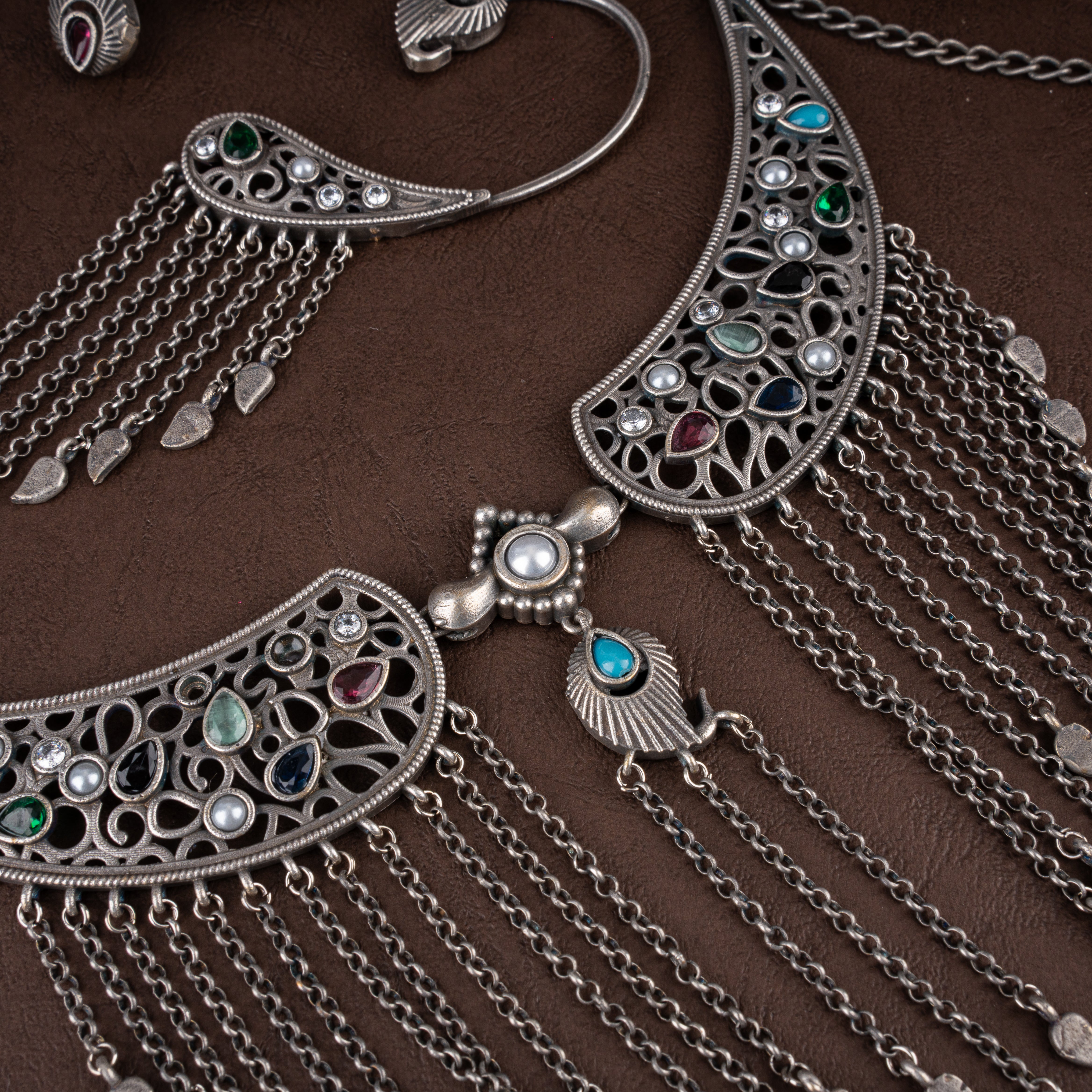 Oxidised Filigree Winged Collar Necklace Set with Leaf Charm Chain Tassels and Ear Cuffs