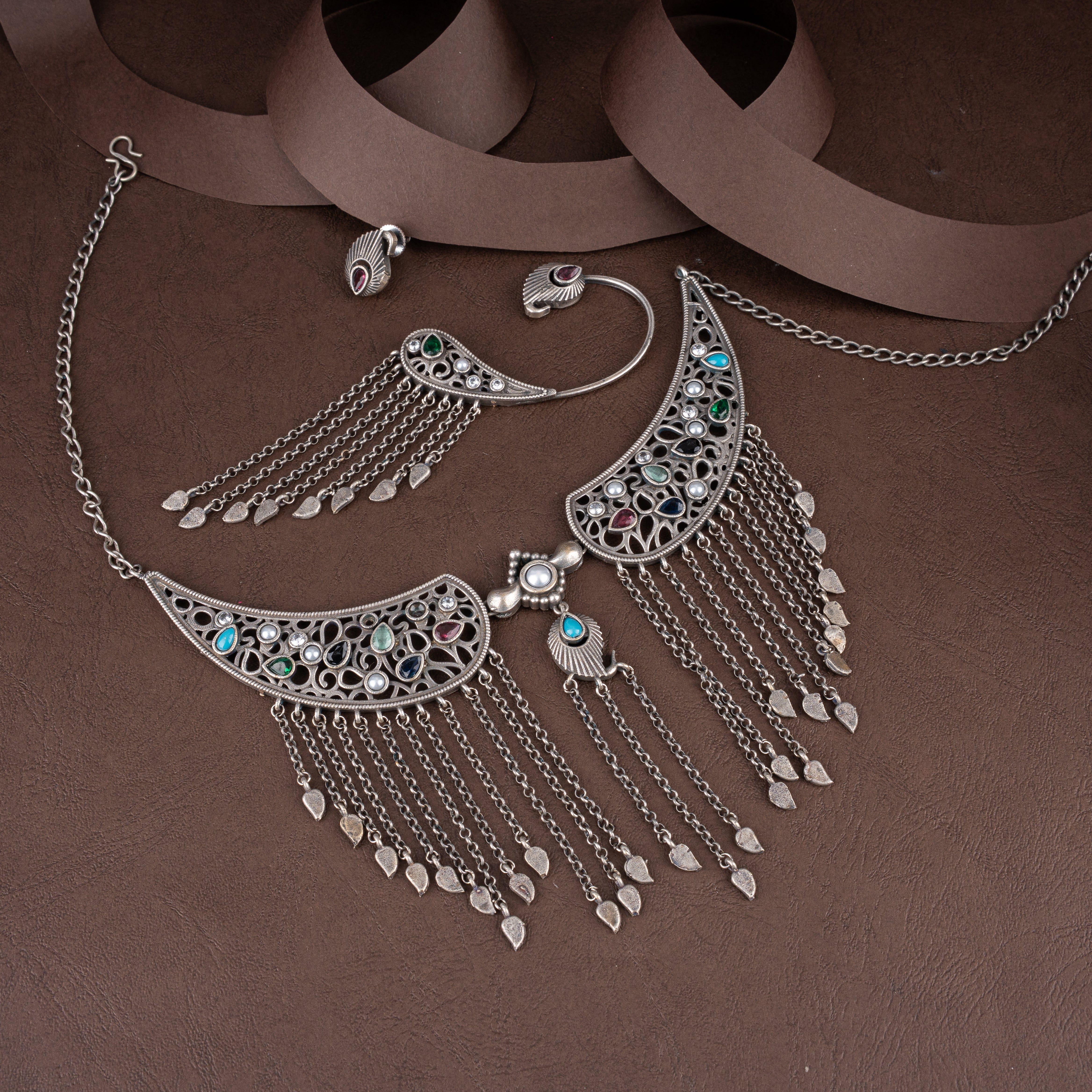 Oxidised Filigree Winged Collar Necklace Set with Leaf Charm Chain Tassels and Ear Cuffs