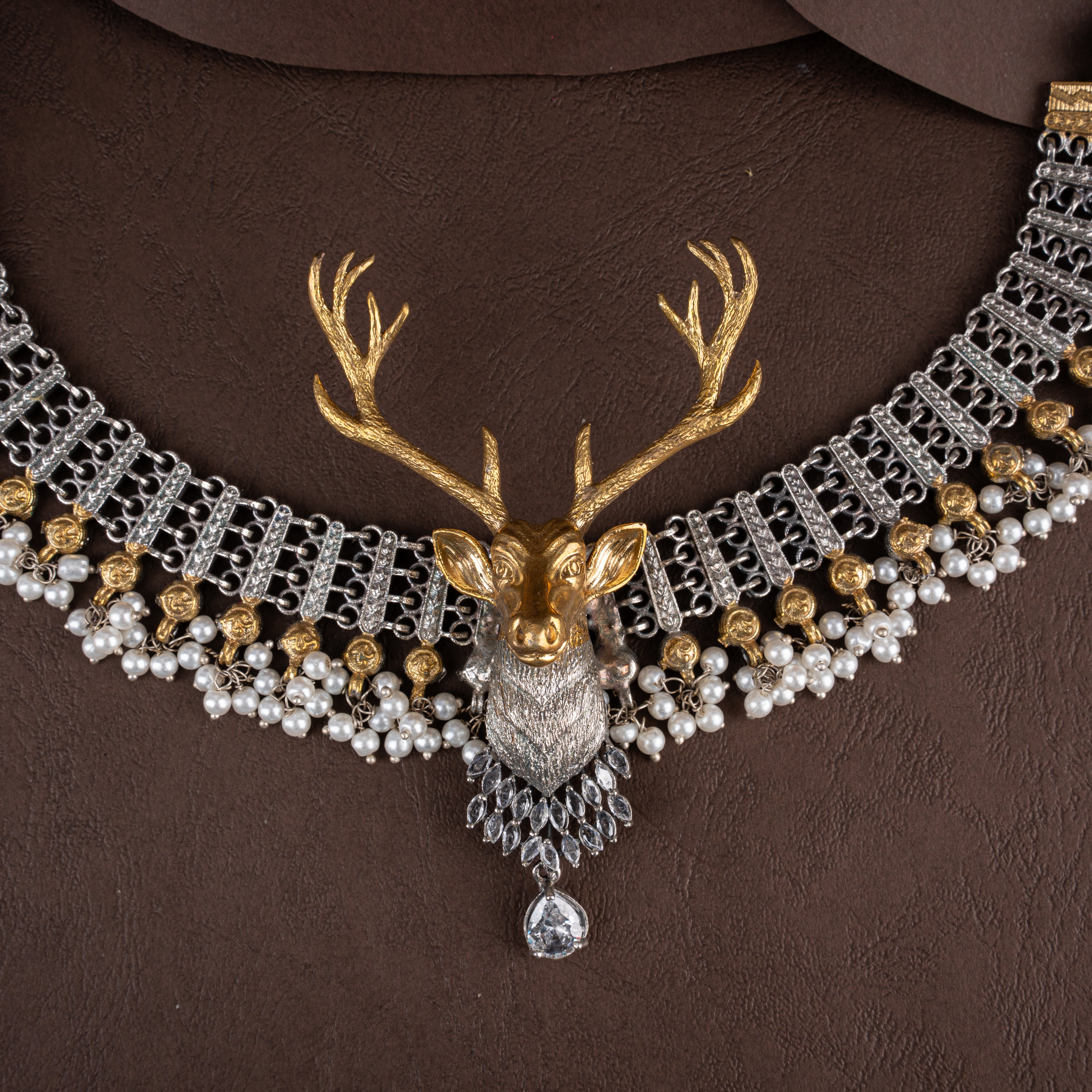 Dual-Tone Royal Stag Choker Necklace Set with Seed Pearl Clusters and CZ Drops