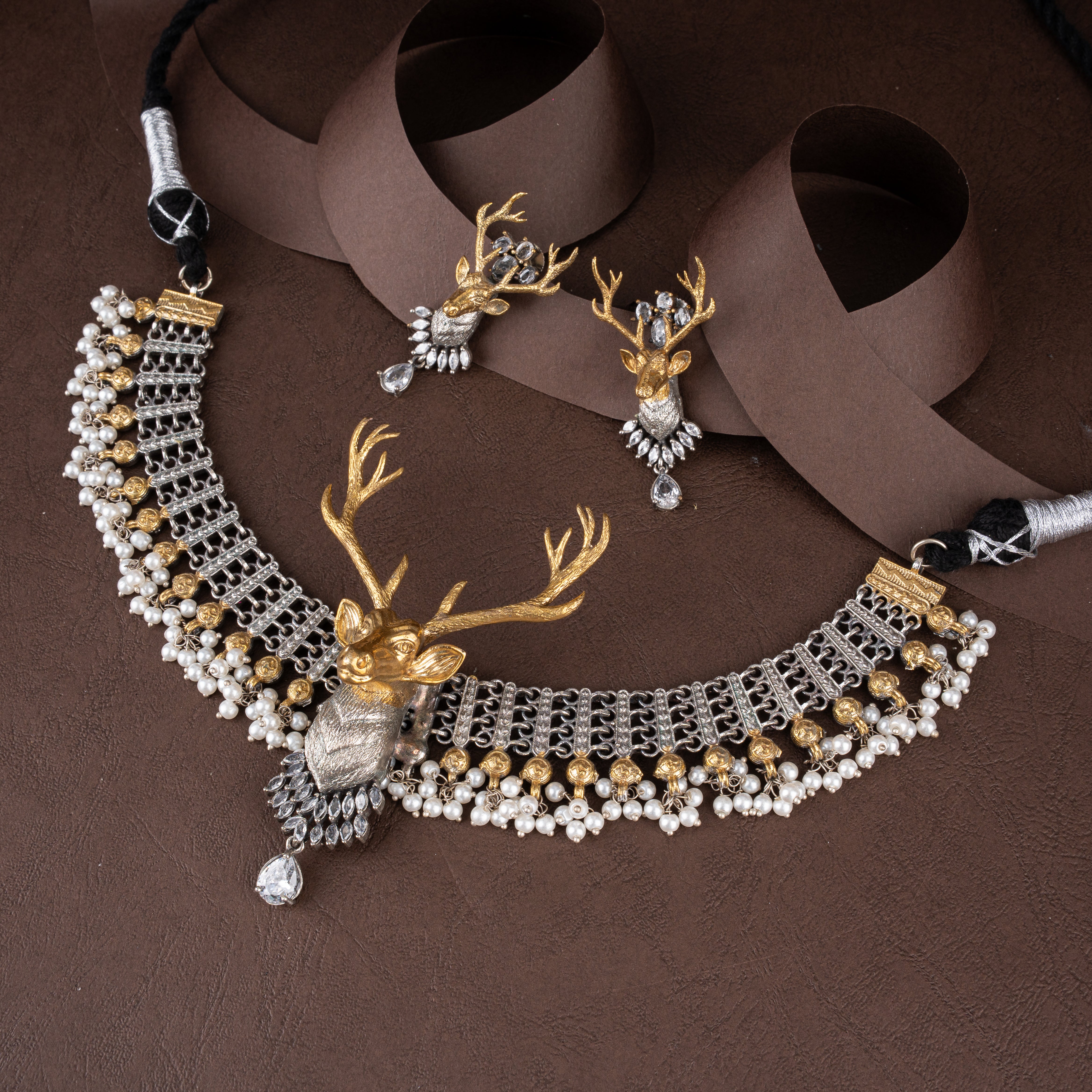 Dual-Tone Royal Stag Choker Necklace Set with Seed Pearl Clusters and CZ Drops