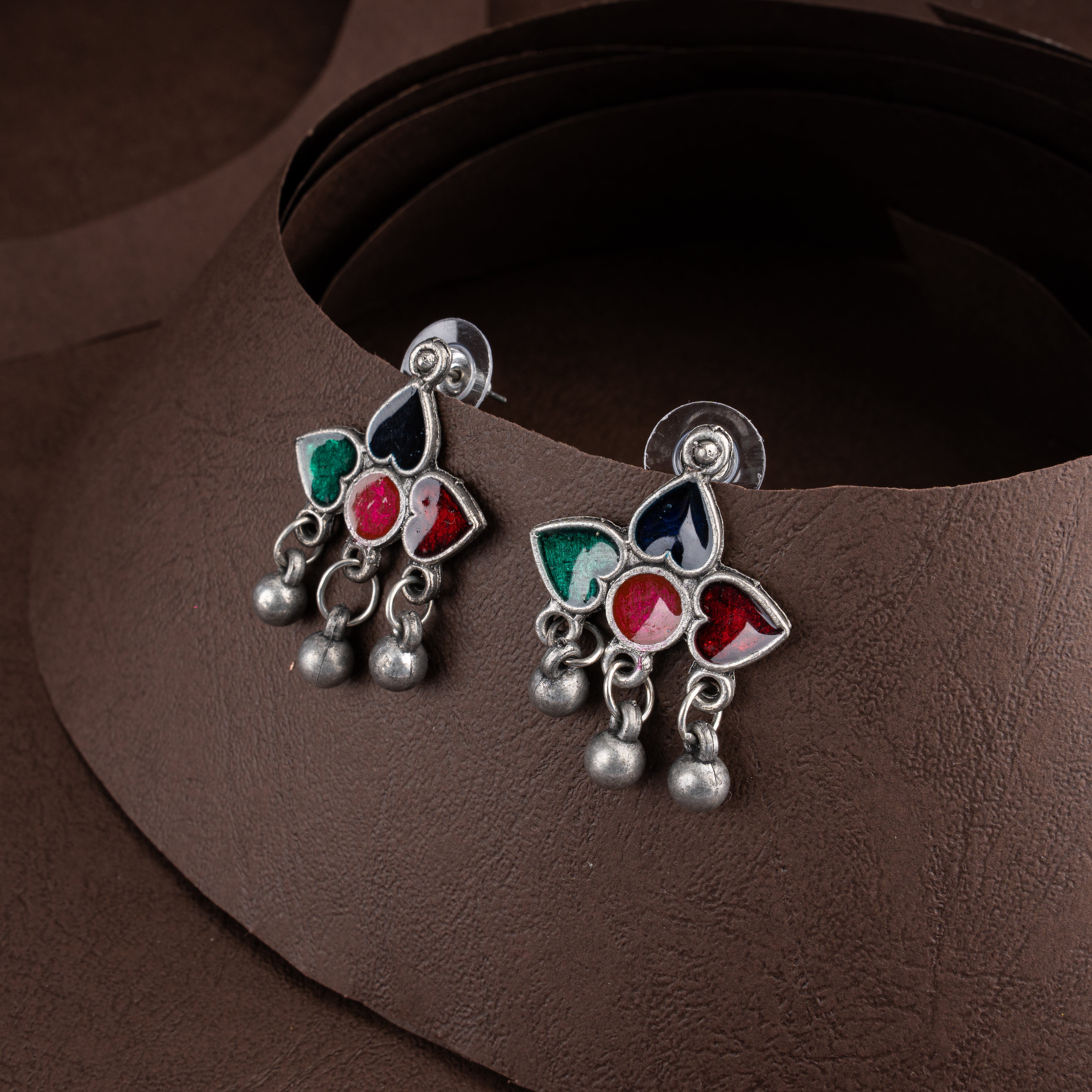 Oxidised Silver Cluster Choker Necklace Set with Ghungroo Drops