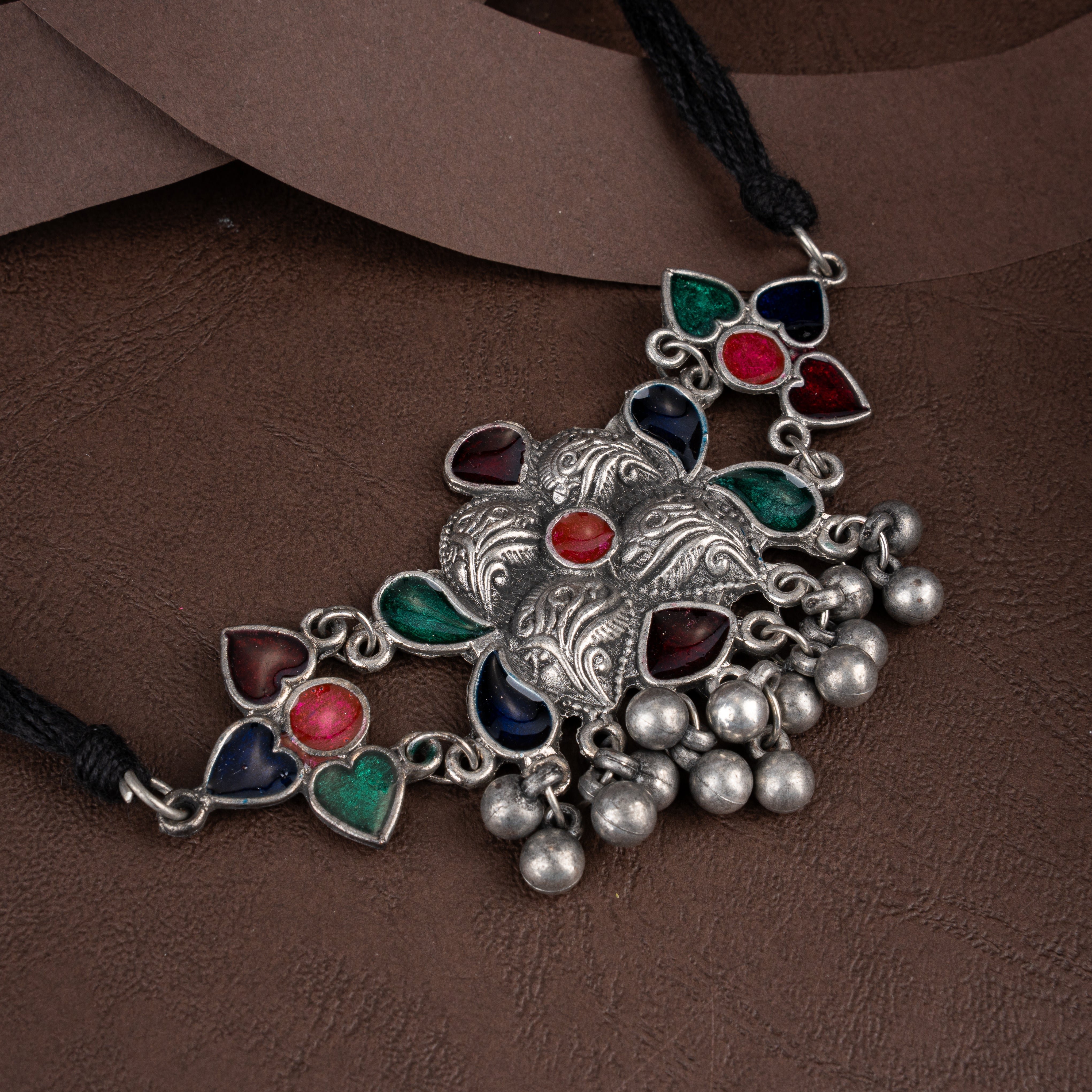 Oxidised Silver Cluster Choker Necklace Set with Ghungroo Drops