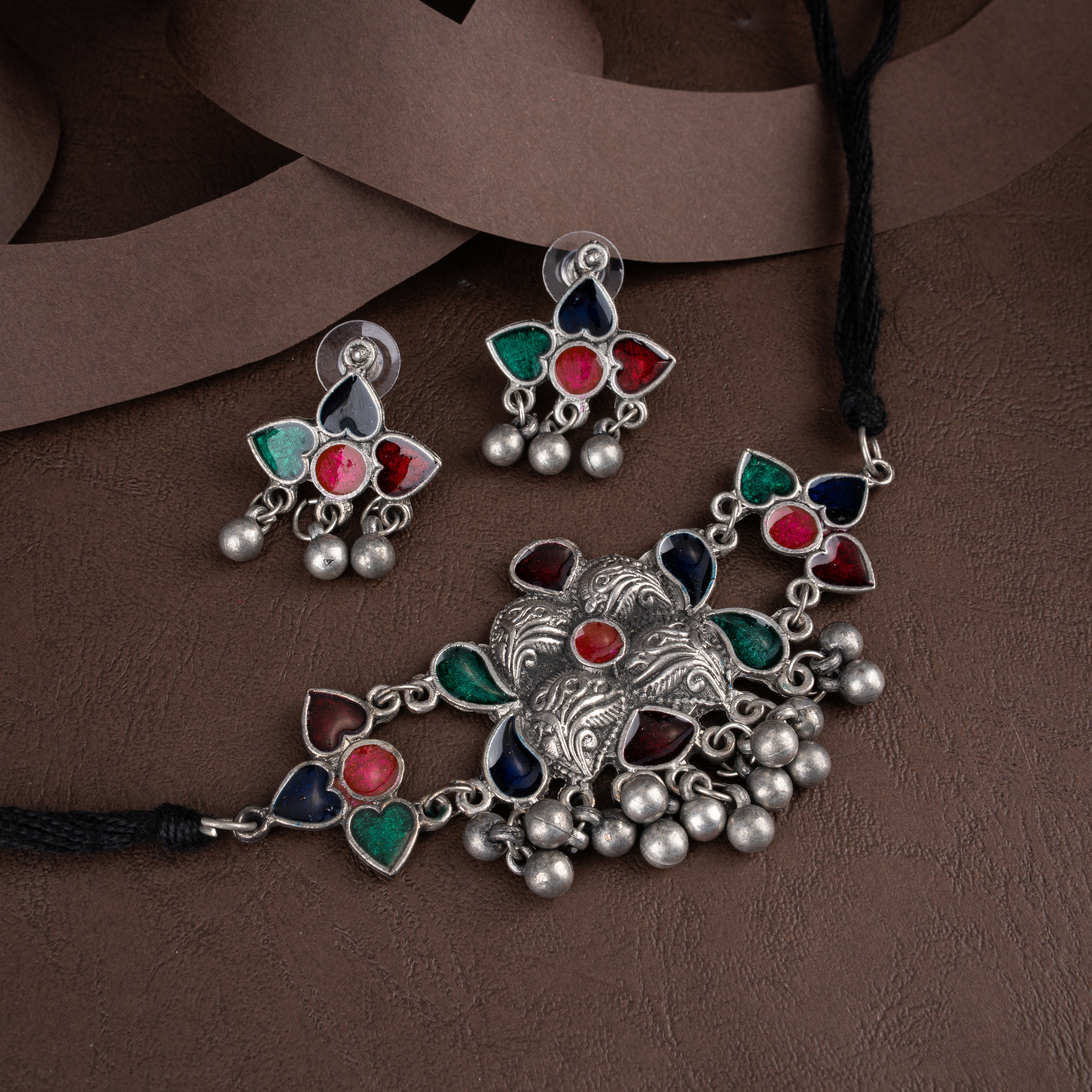 Oxidised Silver Cluster Choker Necklace Set with Ghungroo Drops