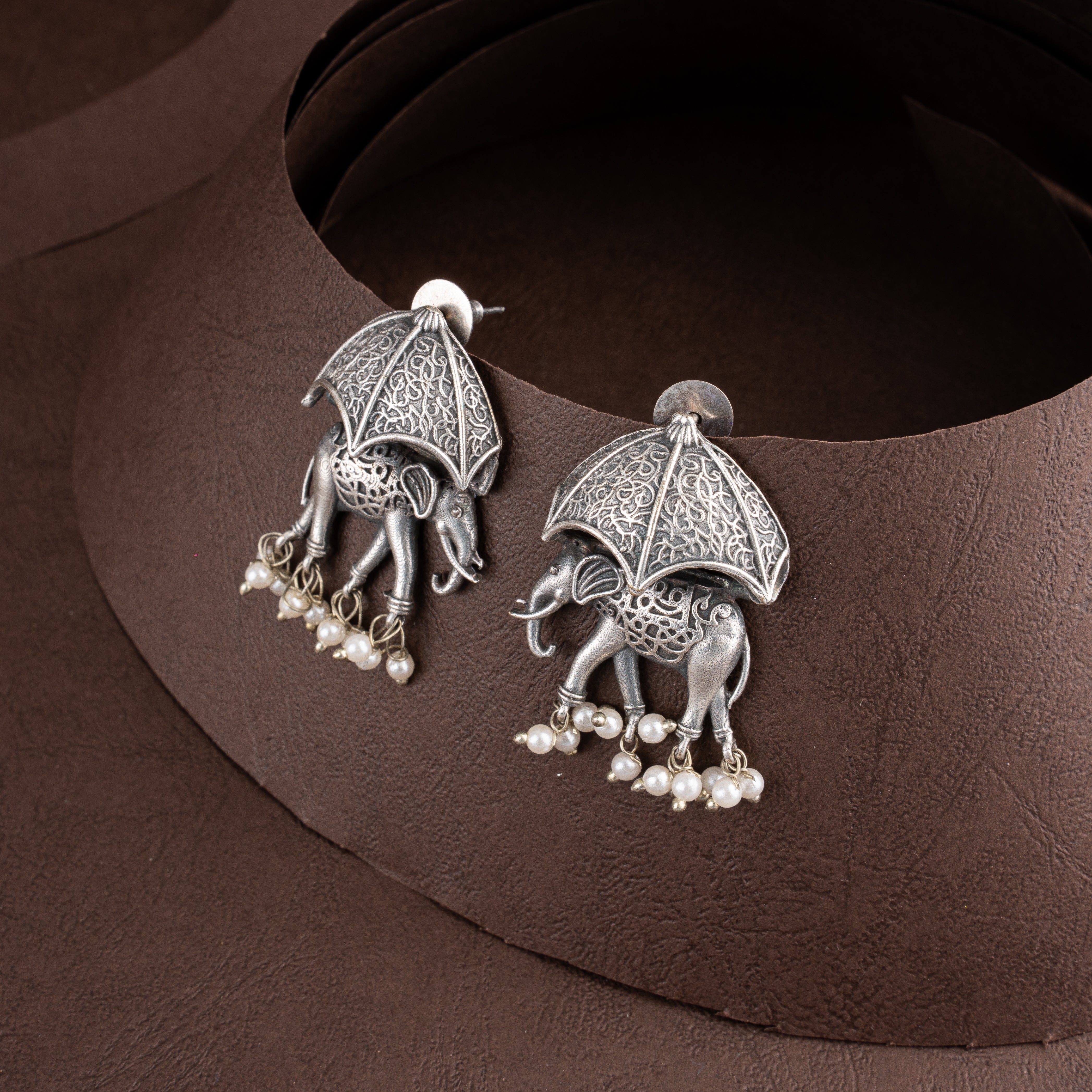 Oxidised Silver Royal Royal Umbrella Elephant Choker Necklace Set with Pearl Drops