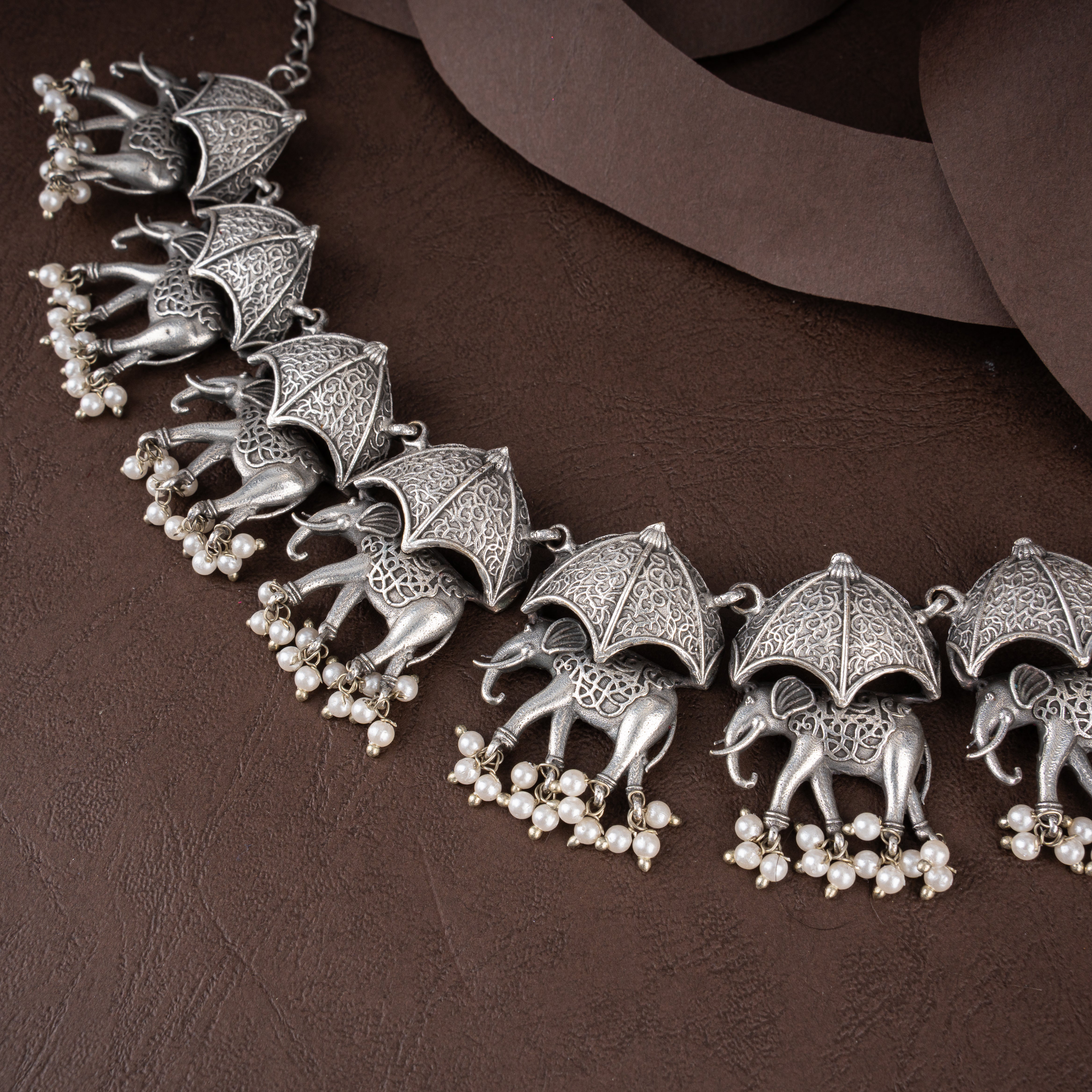 Oxidised Silver Royal Royal Umbrella Elephant Choker Necklace Set with Pearl Drops