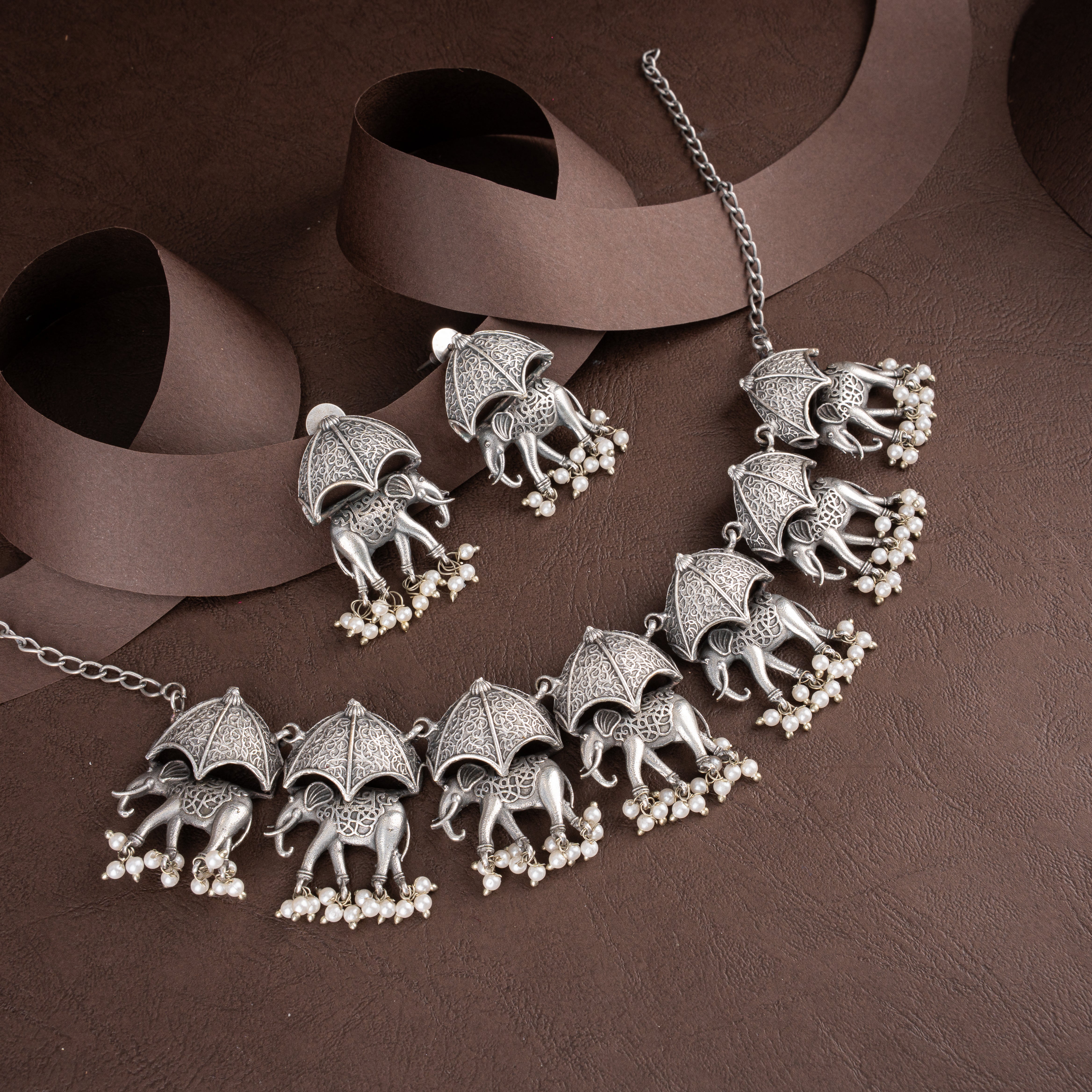 Oxidised Silver Royal Royal Umbrella Elephant Choker Necklace Set with Pearl Drops