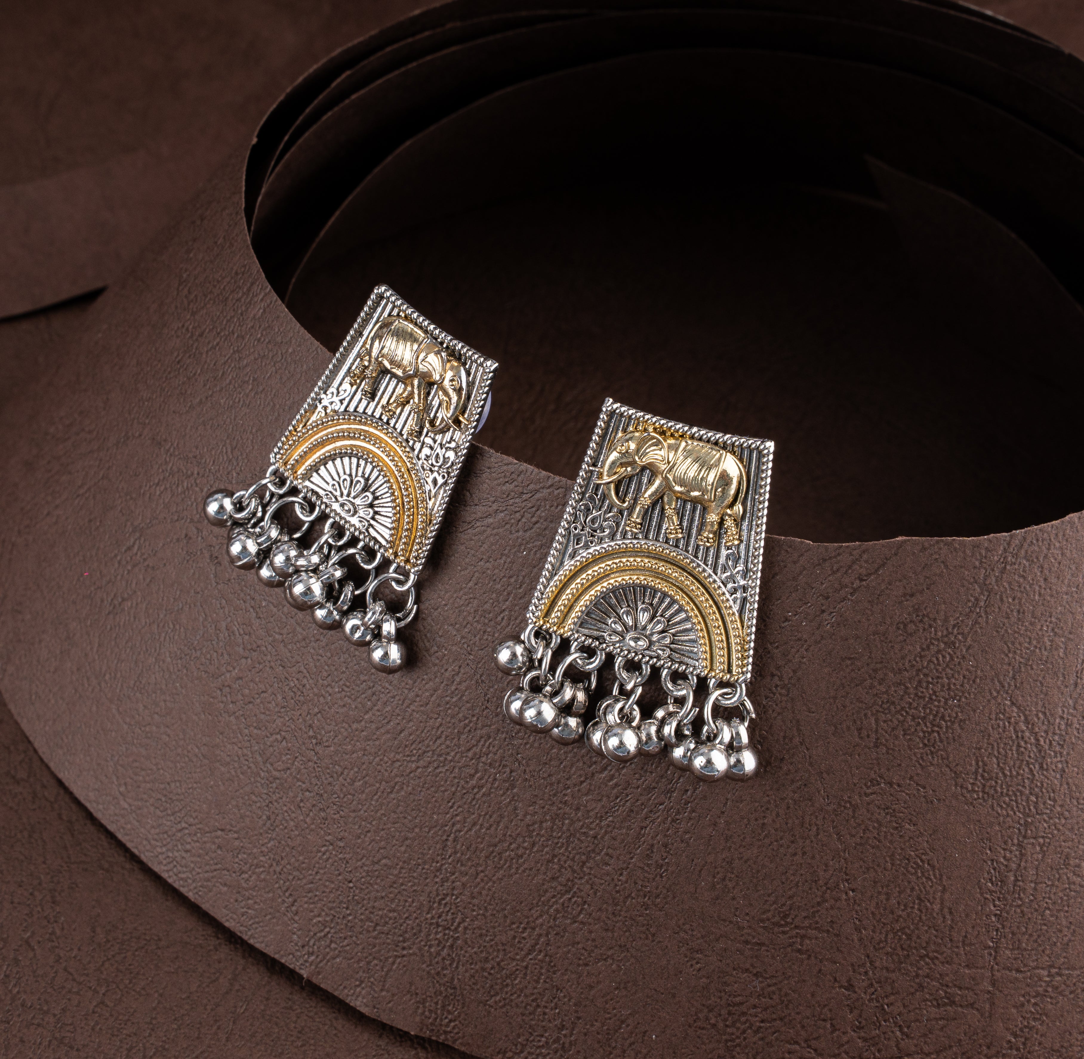 Dual-Tone Oxidised Royal Elephant Plaque Choker Necklace Set with Ghungroo Fringe