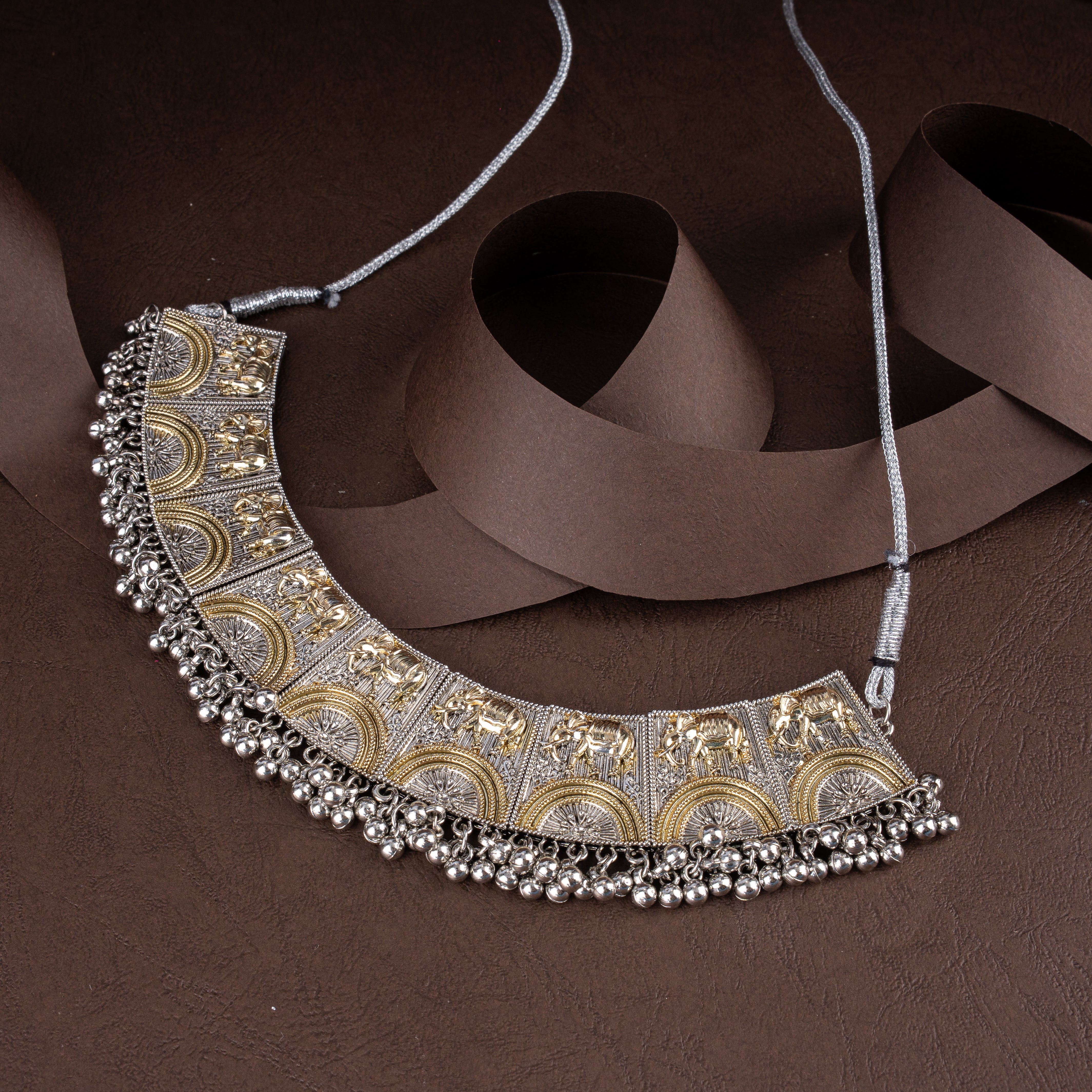 Dual-Tone Oxidised Royal Elephant Plaque Choker Necklace Set with Ghungroo Fringe