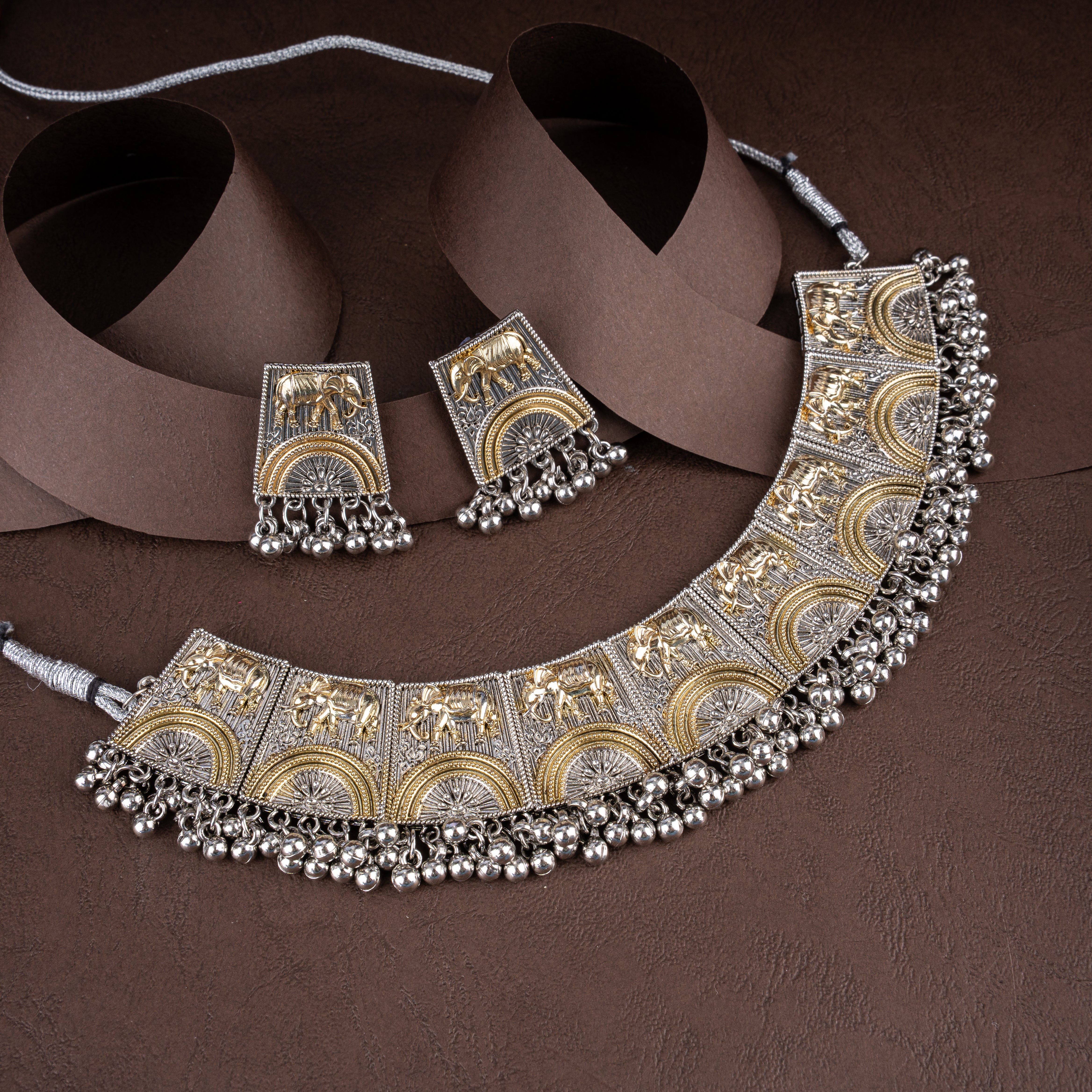 Dual-Tone Oxidised Royal Elephant Plaque Choker Necklace Set with Ghungroo Fringe