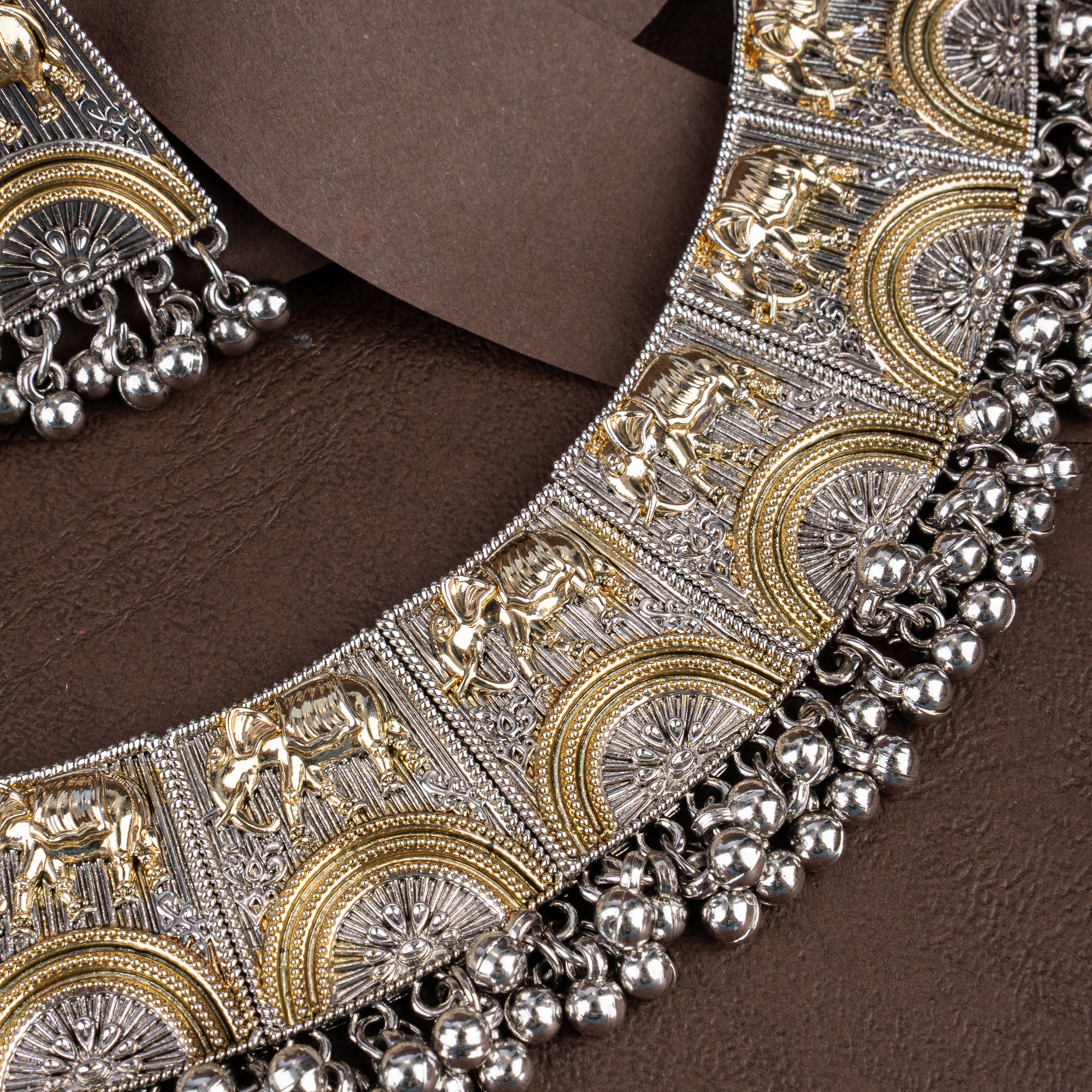 Dual-Tone Oxidised Royal Elephant Plaque Choker Necklace Set with Ghungroo Fringe