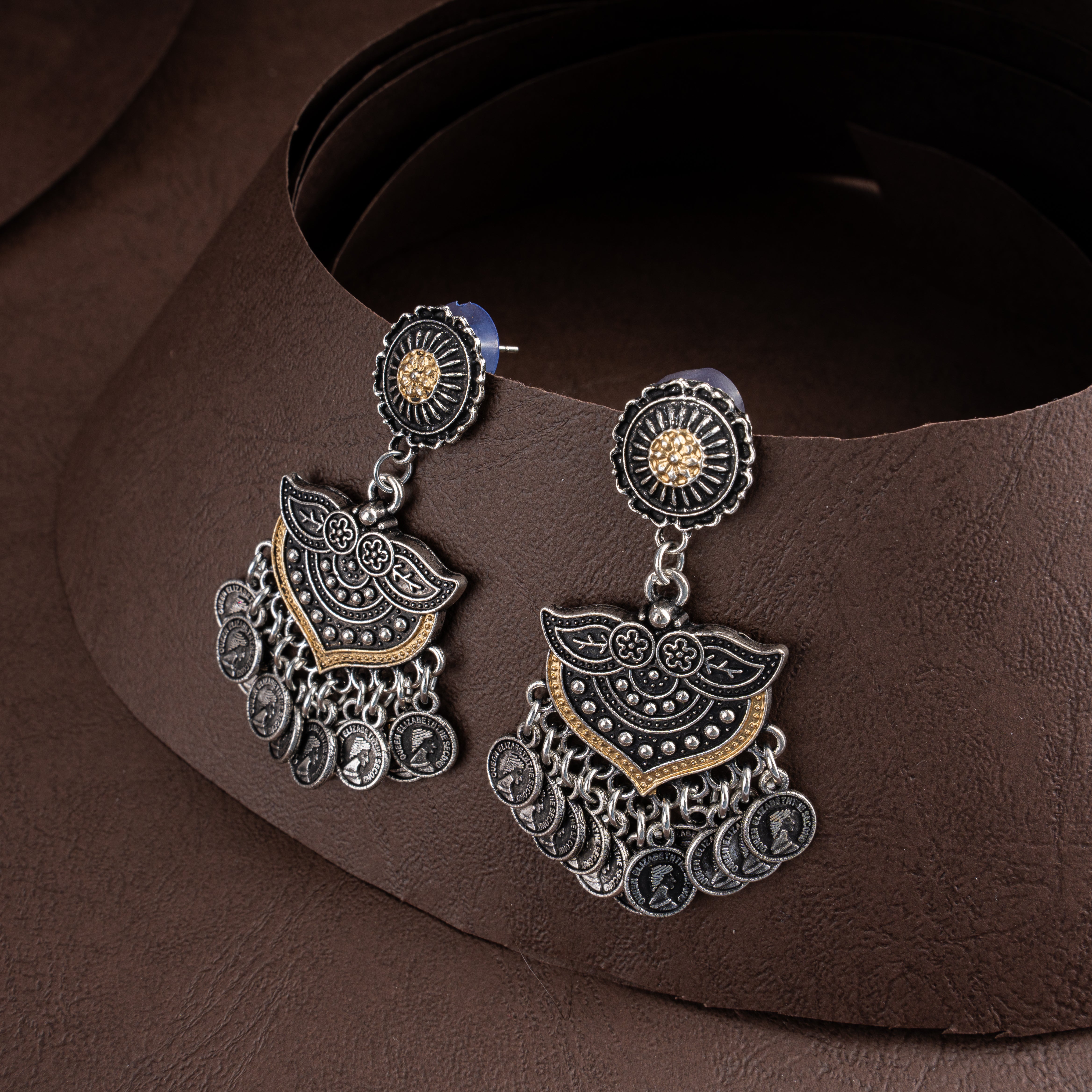 Dual-Tone Oxidised Silver Sunburst Medallion Collar Necklace Set with Shield Coin Pendants