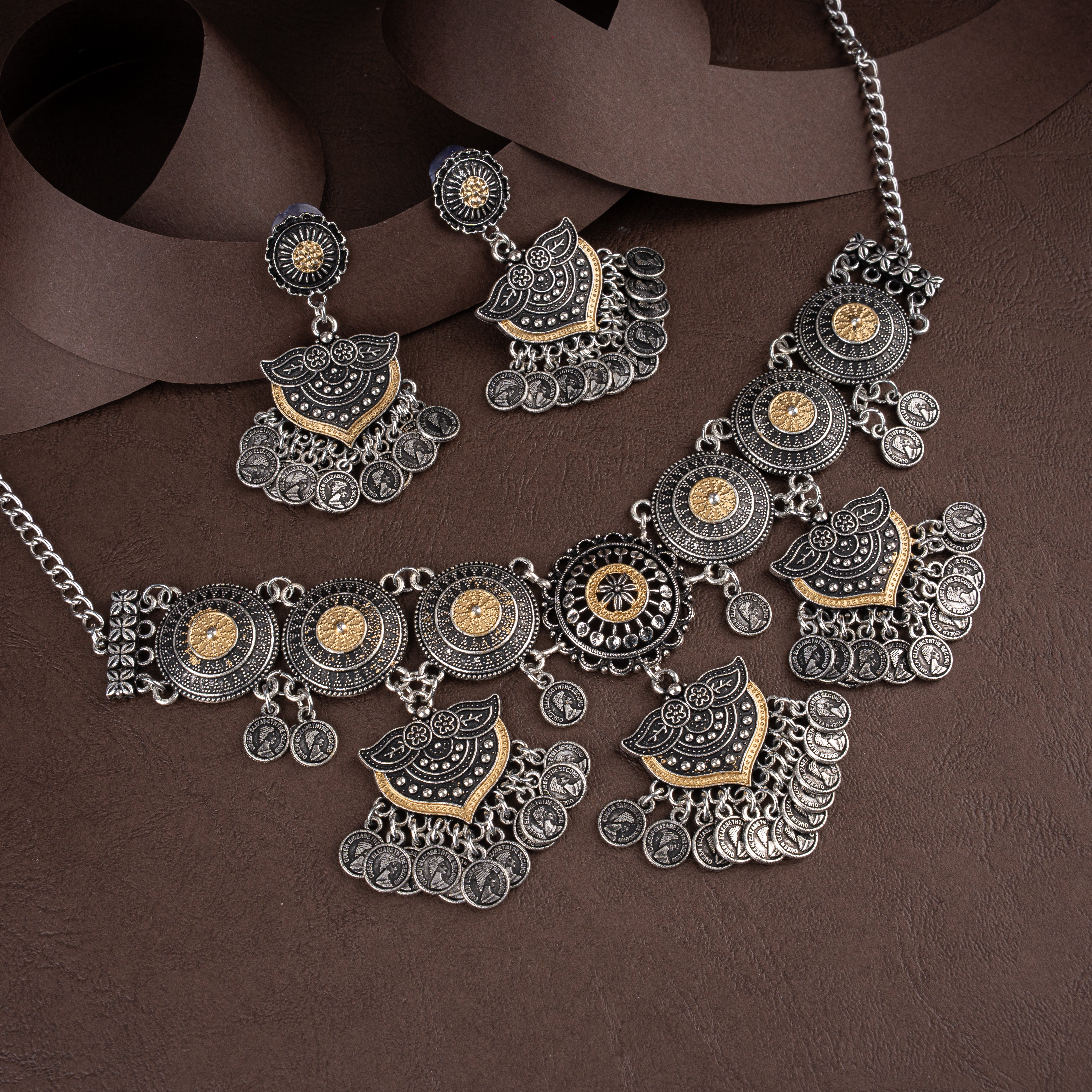 Dual-Tone Oxidised Silver Sunburst Medallion Collar Necklace Set with Shield Coin Pendants