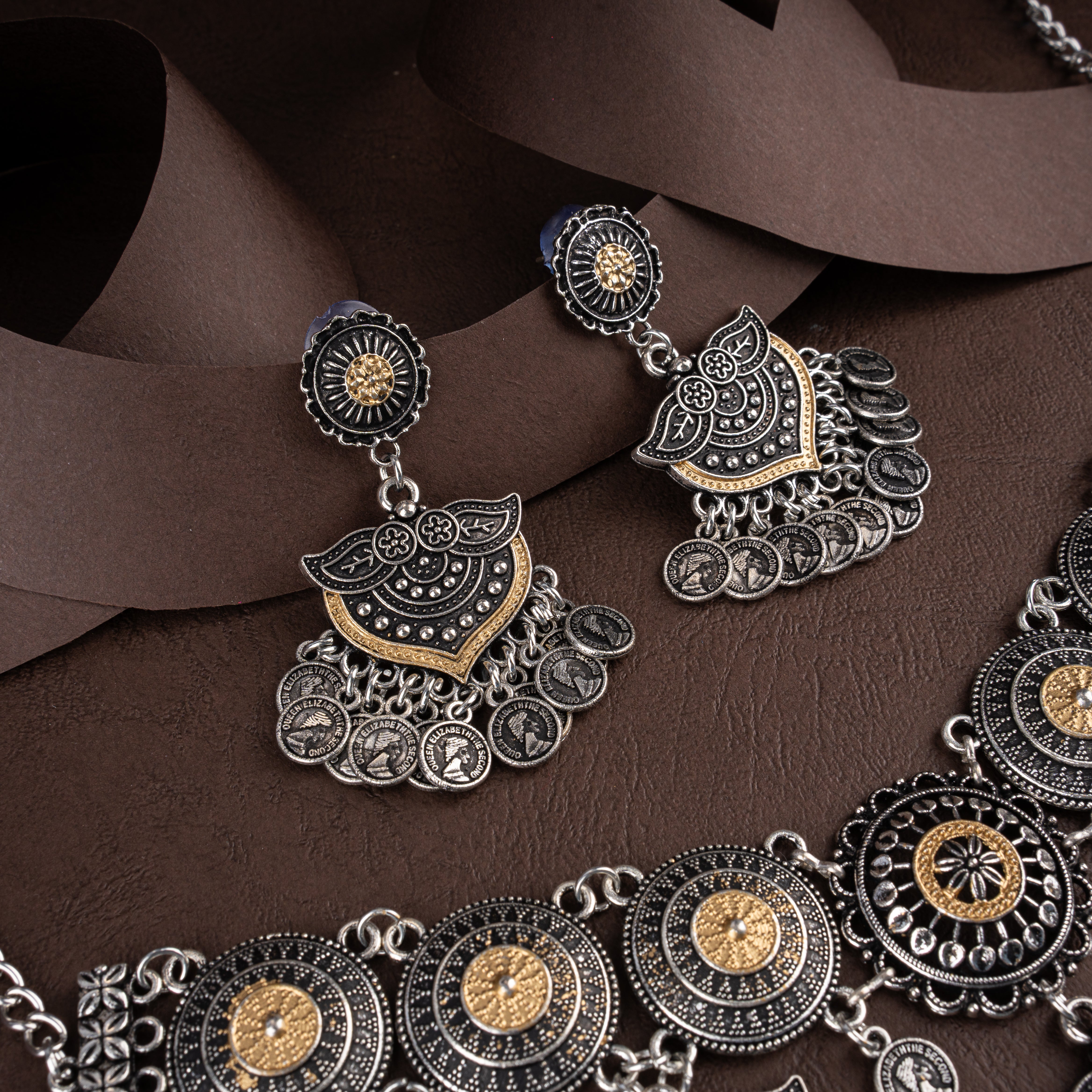 Dual-Tone Oxidised Silver Sunburst Medallion Collar Necklace Set with Shield Coin Pendants