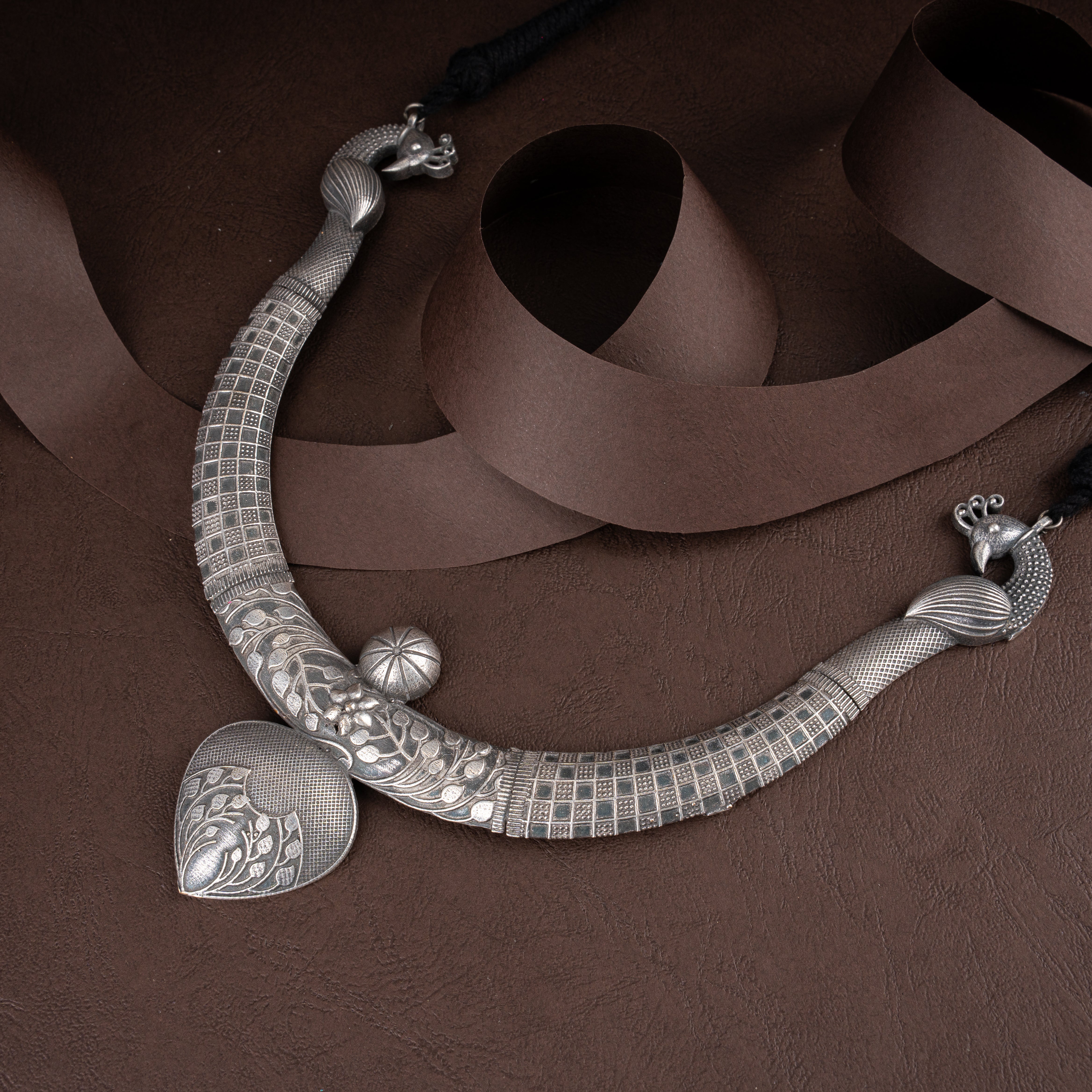 Artisanal Peacock Terminal Engraved Hasli Necklace Set with Leaf Drop Earrings