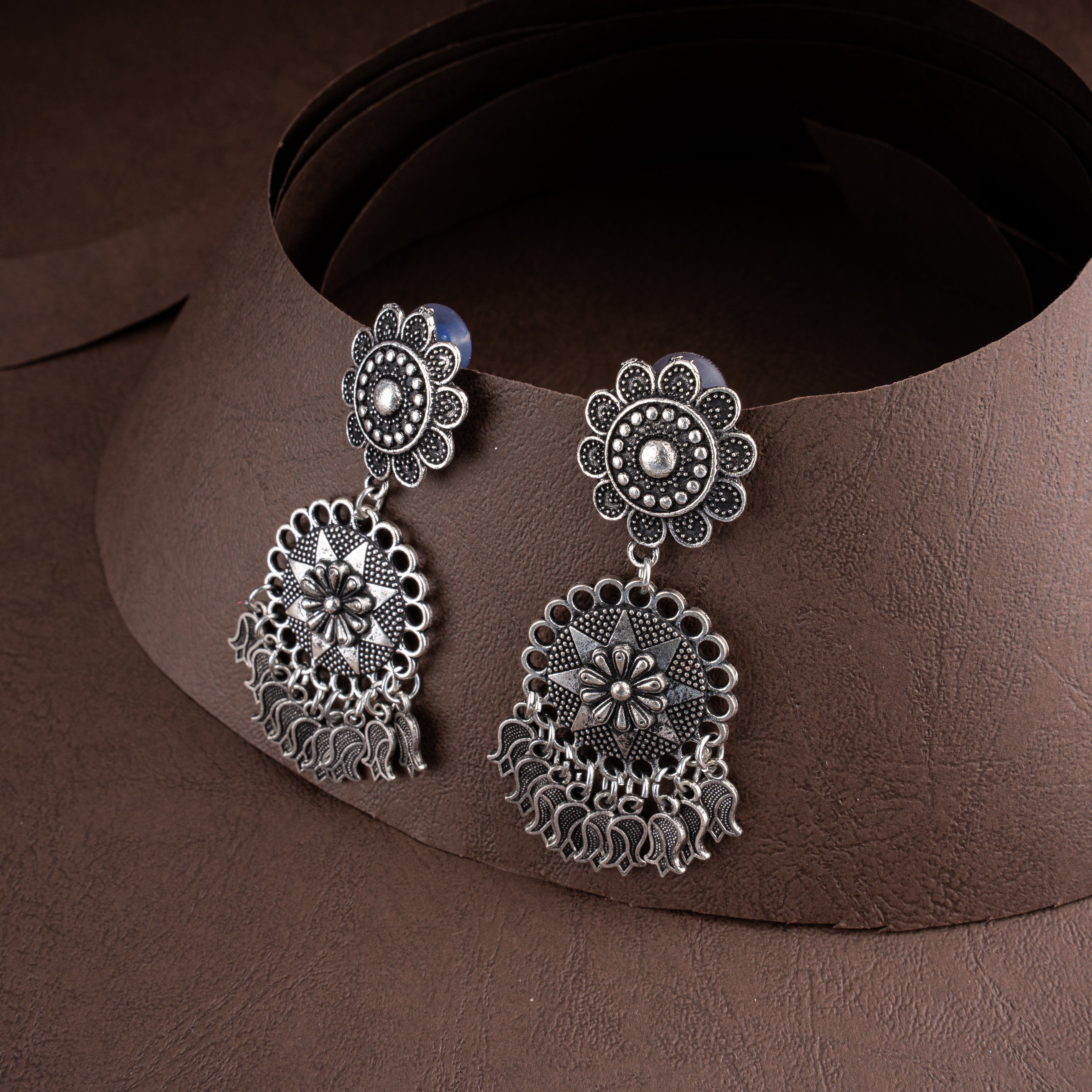 Oxidised Silver Floral Mandala Collar Choker Necklace Set with Tulip Charms